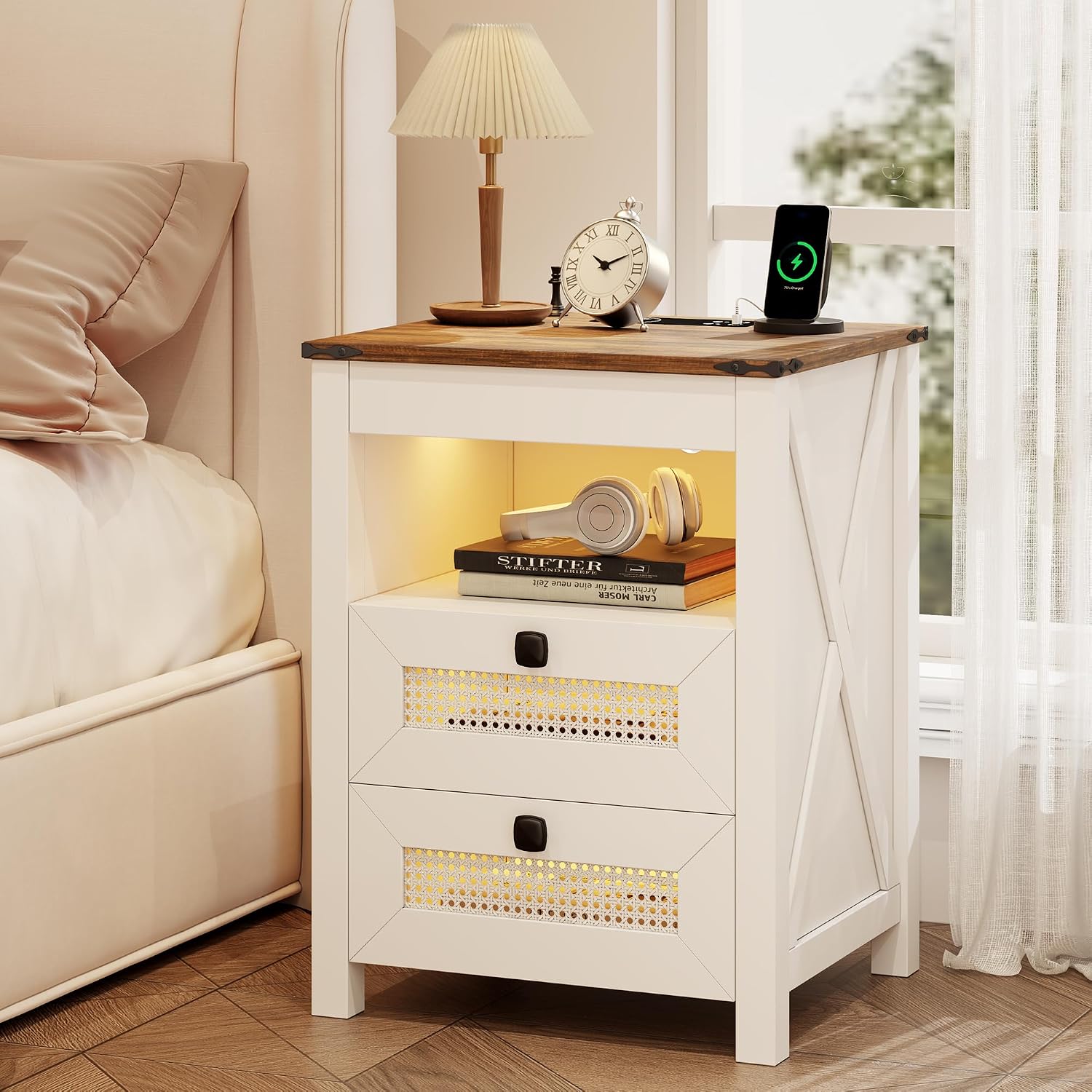 LED Night Stand with Gun Drawer & Charging Station | Human Sensor Lights, Hidden Storage, Farmhouse Rattan Style, 3 Drawers, Bedside Table for Bedroom, End Tables Livingroom