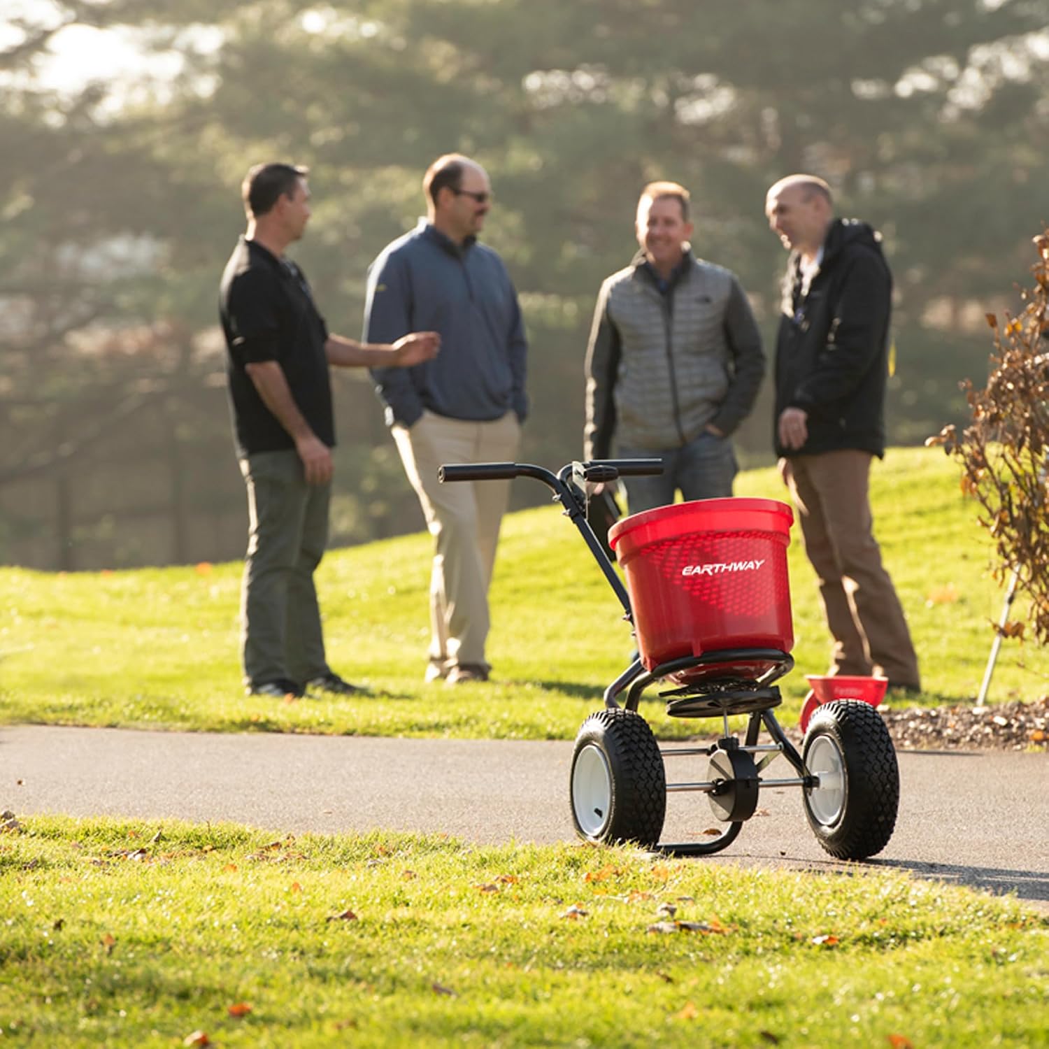 EarthWay 2150 Commercial 50 LB Broadcast Fertilizer Spreader. Heavy-Duty Walk-Behind Push Garden Seeder with Adjustable Drop Rate and Driving