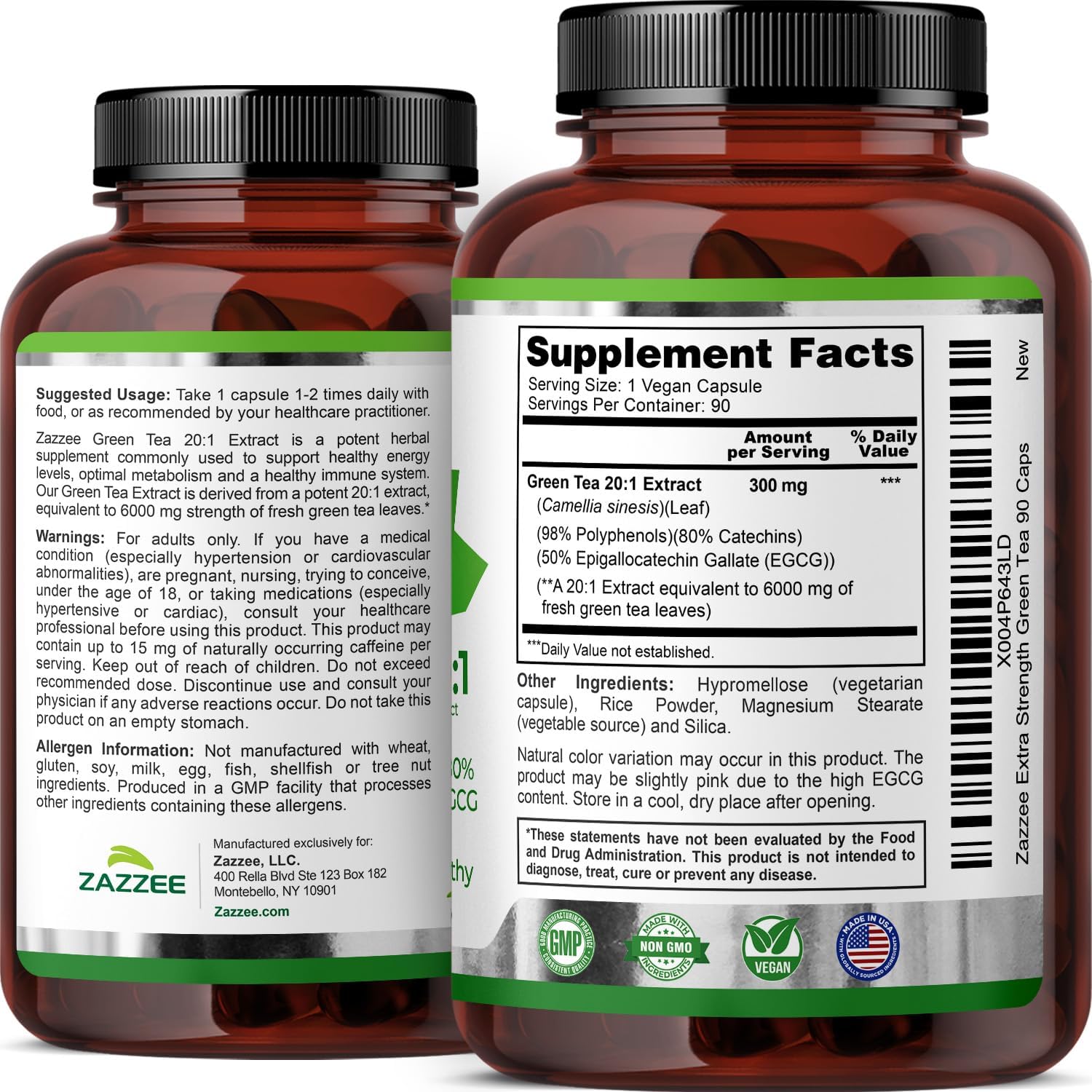 Zazzee Extra Strength Green Tea 20:1 Extract, 50% EGCG, 150 Vegan Capsules | 98% Polyphenols, 80% Catechins, 5 Month Supply, Certified Kosher, Antioxidant & Metabolism Support, Non-GMO, Made in the USA