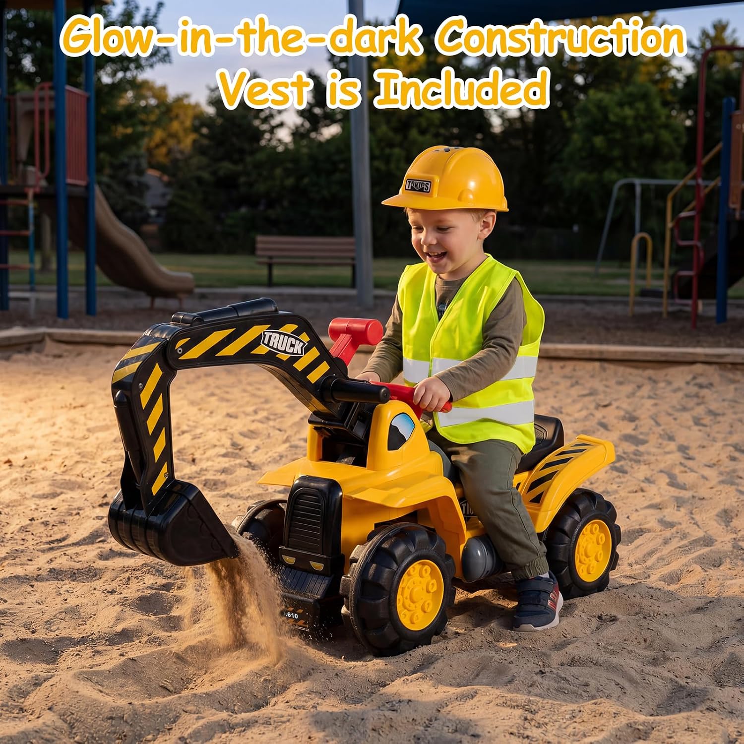 Costzon Ride on Excavator, Ride on Construction Vehicles w/Helmet, 3 Toy Stones, Realistic Sound, Adjustable Bucket & Under Seat Storage, Bulldozer Ride on Toy Gift for Kids Boys & Girls