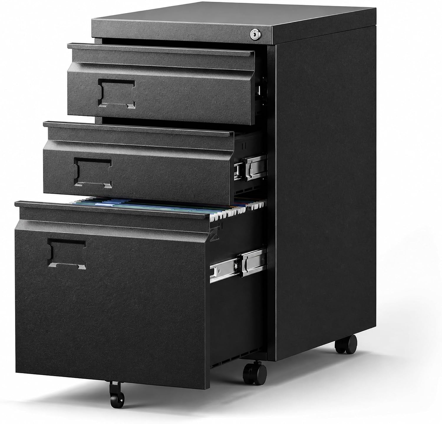 3 Drawer Metal File Cabinet with Lock and Wheels, Black | 17.32"D x 14.57"W x 23.82"H under-desk cabinet, fits Letter, Legal and A4 files, 5 casters
