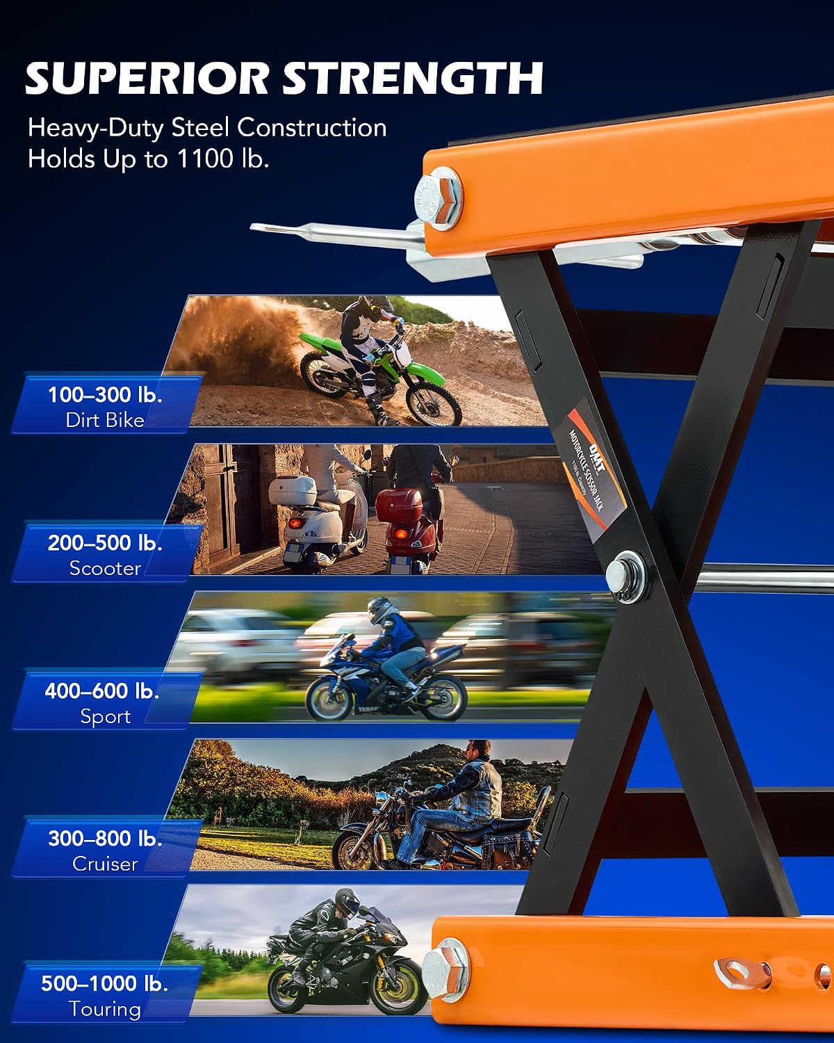 OMT 1100lb Motorcycle Scissor Lift Jack Wide Deck Motorbike Hoist Stand | Center Stand For ATV Dirt Bike Cruiser; T Handle And 3/8 Inch Socket; 3.7 To 14.6 Inch Lift; 5 Locking Holes; Chain Brush