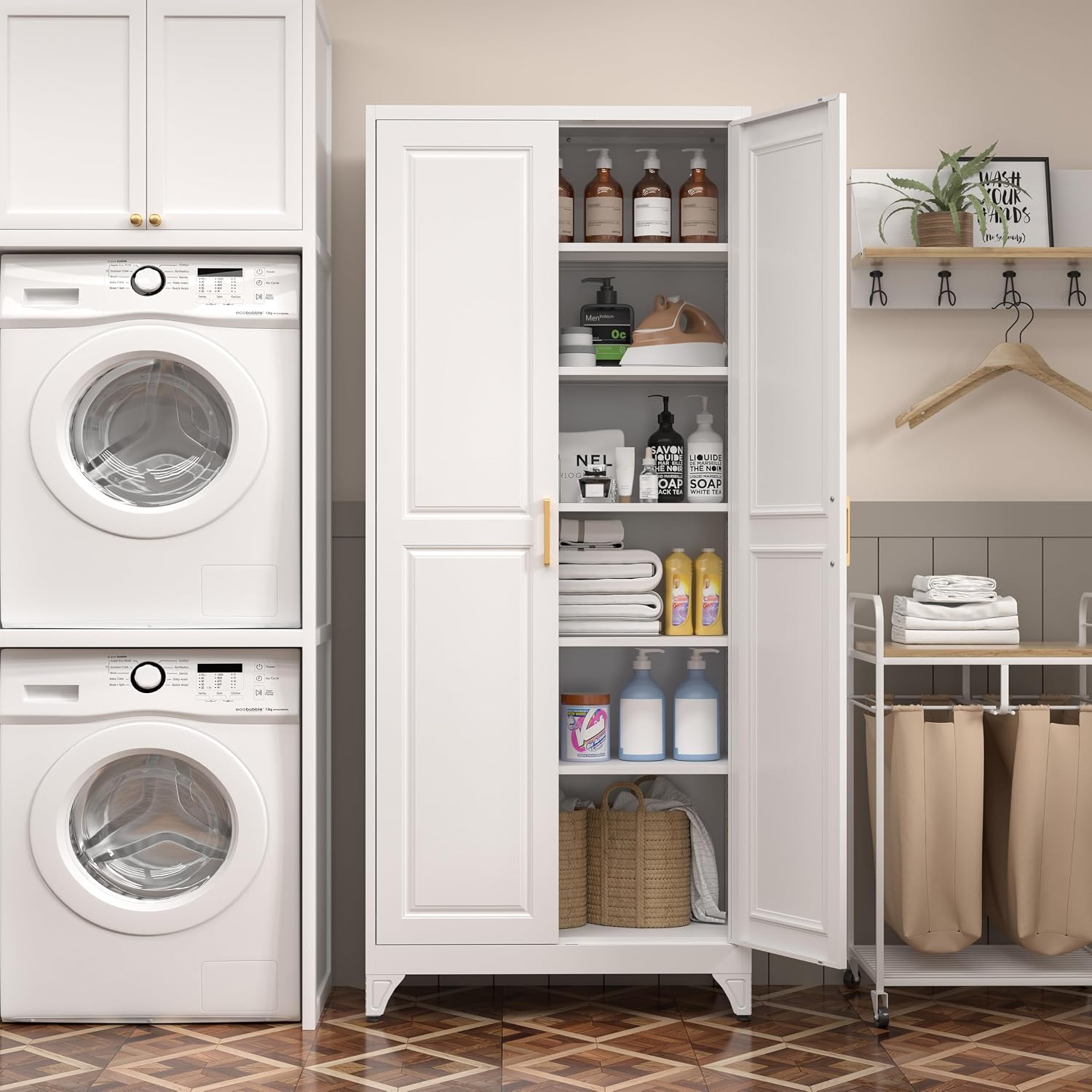 Steeloong 71"Metal Pantry Storage Cabinet with Doors & 4 Adjustable Shelves | Kitchen Pantry Cabinet,White Kitchen Cabinet with 2 Gold Handles,Tall Cabinet for Livingroom,Pantry, Bathroom,Kitchen