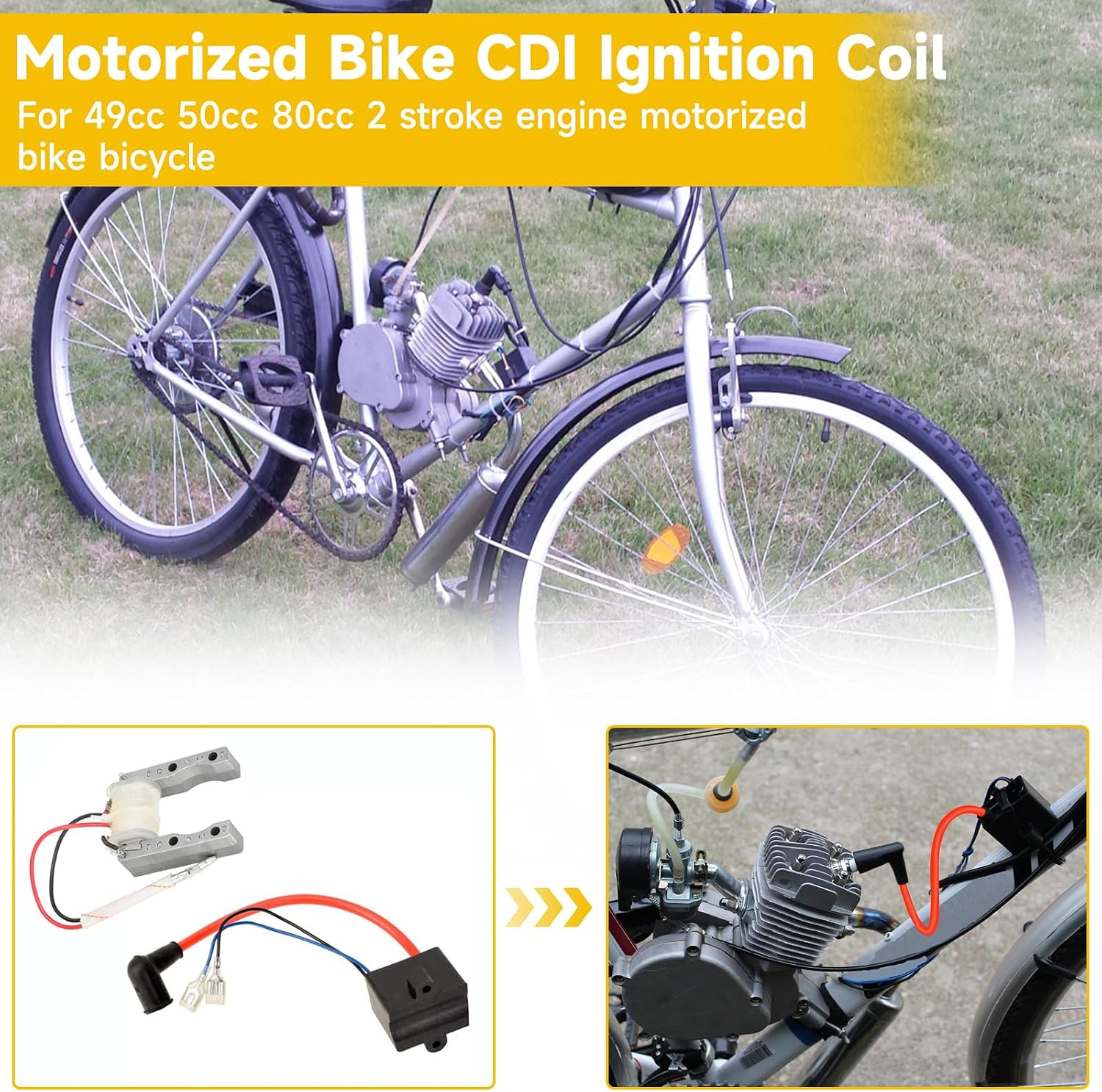 HIAORS 80cc Motorized Bike CDI Ignition Coil Magneto Coil Spark Plug Kit for 50cc 49cc 2 Stroke Engine PK80 BT80 YD100 Bicycle Motor Motorcycle High