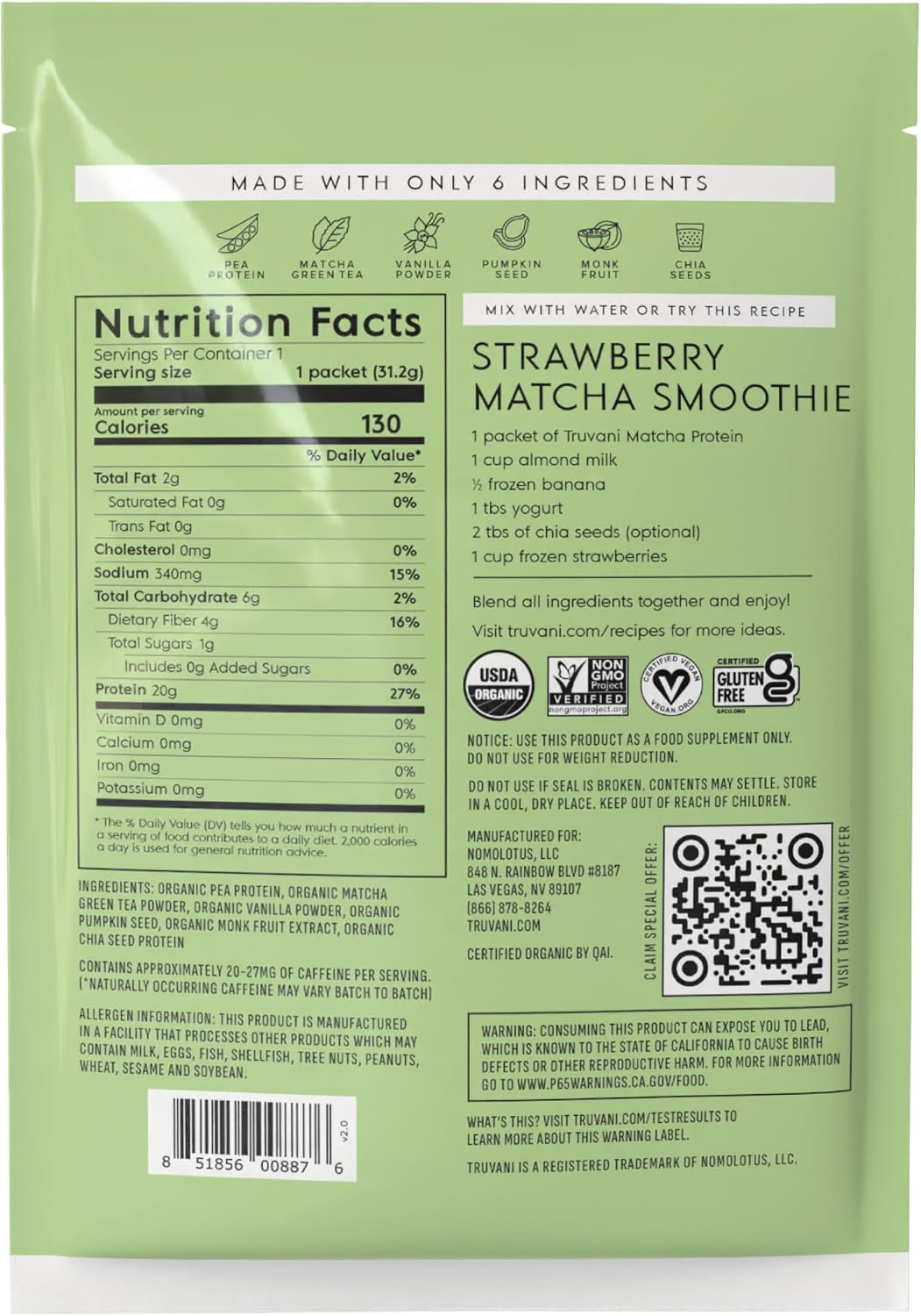 Truvani Organic Plant Based Protein Powder | Chocolate | 1 Serving