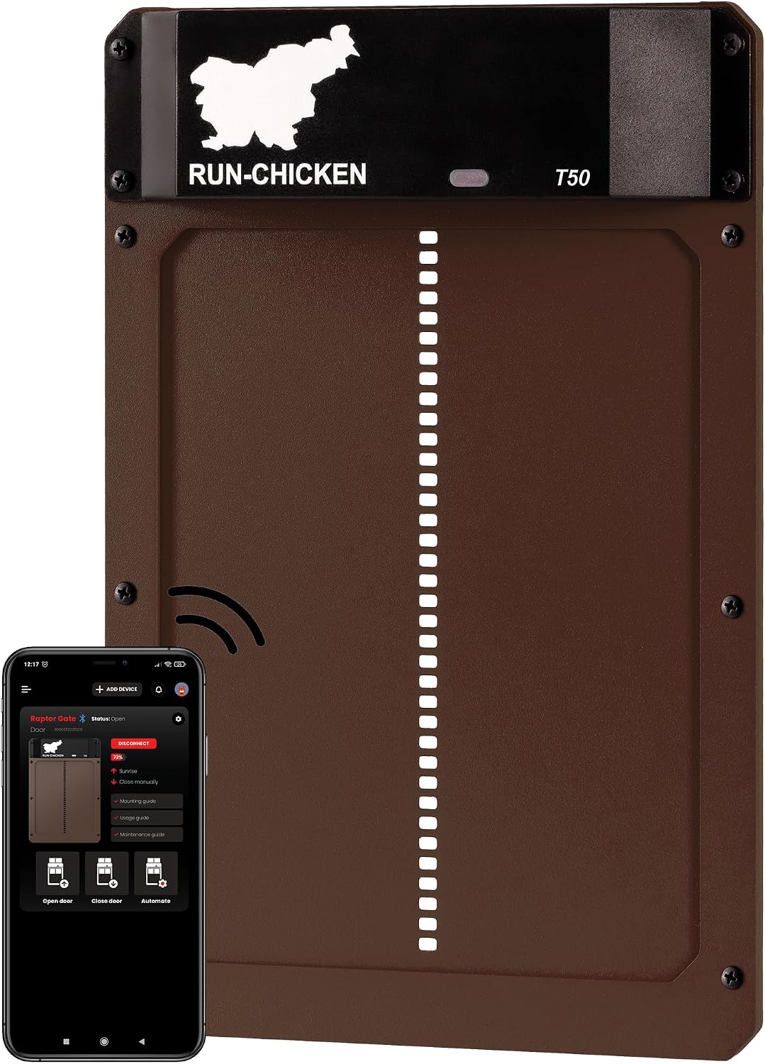 RUN-CHICKEN Door T50 – Automatic Chicken Coop Door Opener, Battery Powered & Weatherproof Aluminum, Smart App & Timer Control, Predator Proof