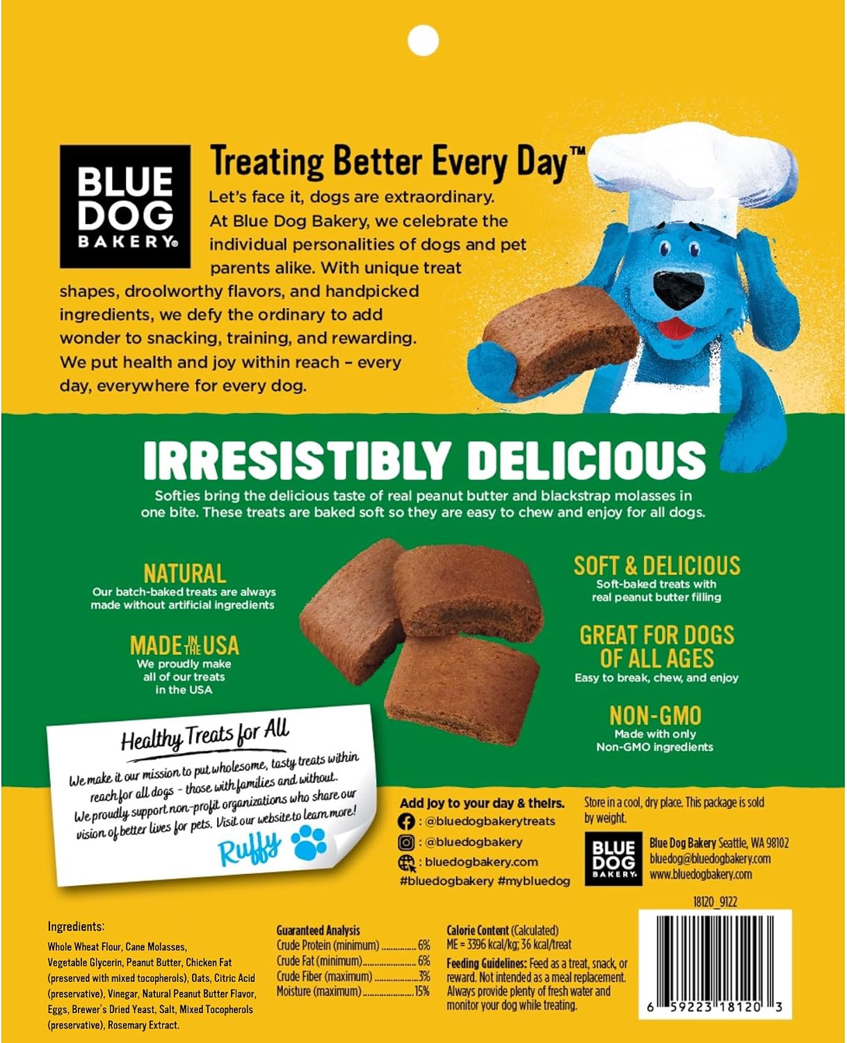 Blue Dog Bakery Natural Dog Treats, Softies, Peanut Butter Flavor, 16.2oz Bag, 6 Bags | Soft & Chewy Oven-Baked Dog Treat Chews, Made with Real Peanut Butter & Other Real Premium Wholesome Ingredients in the USA