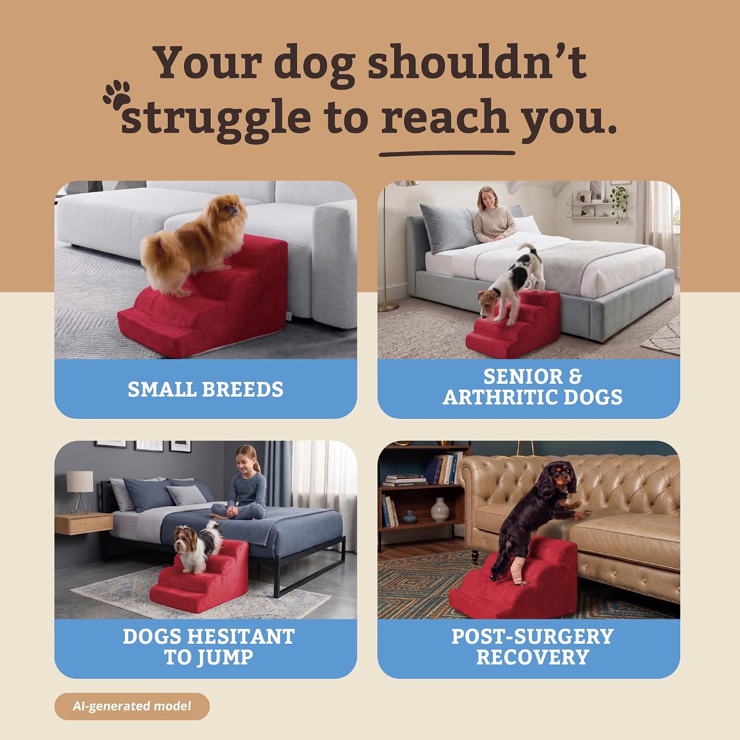 Snoozer Scalloped Dog Ramp, 14” Tall Foam Pet Stairs, 3 Steps, Red | Lightweight & portable foam dog stairs, Removable washable cover, Great for small, old, or injured pets up to 100lbs