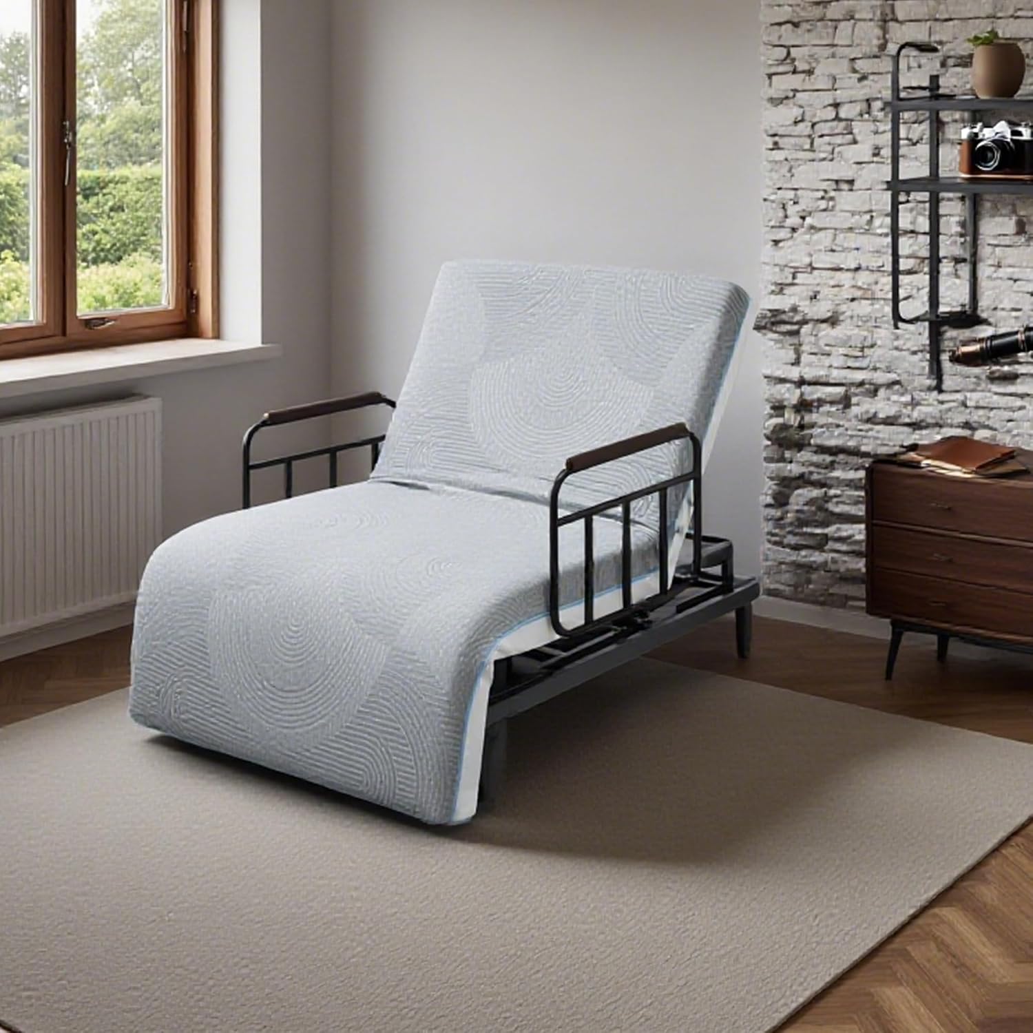 Electric Lift Bed for Elderly, Remote Control Adjustable Bed with 5.91" Mattress, Quiet Motor and Removable Tray, Zero Gravity Position Bed Frame Suitable for Hospital/Home Care