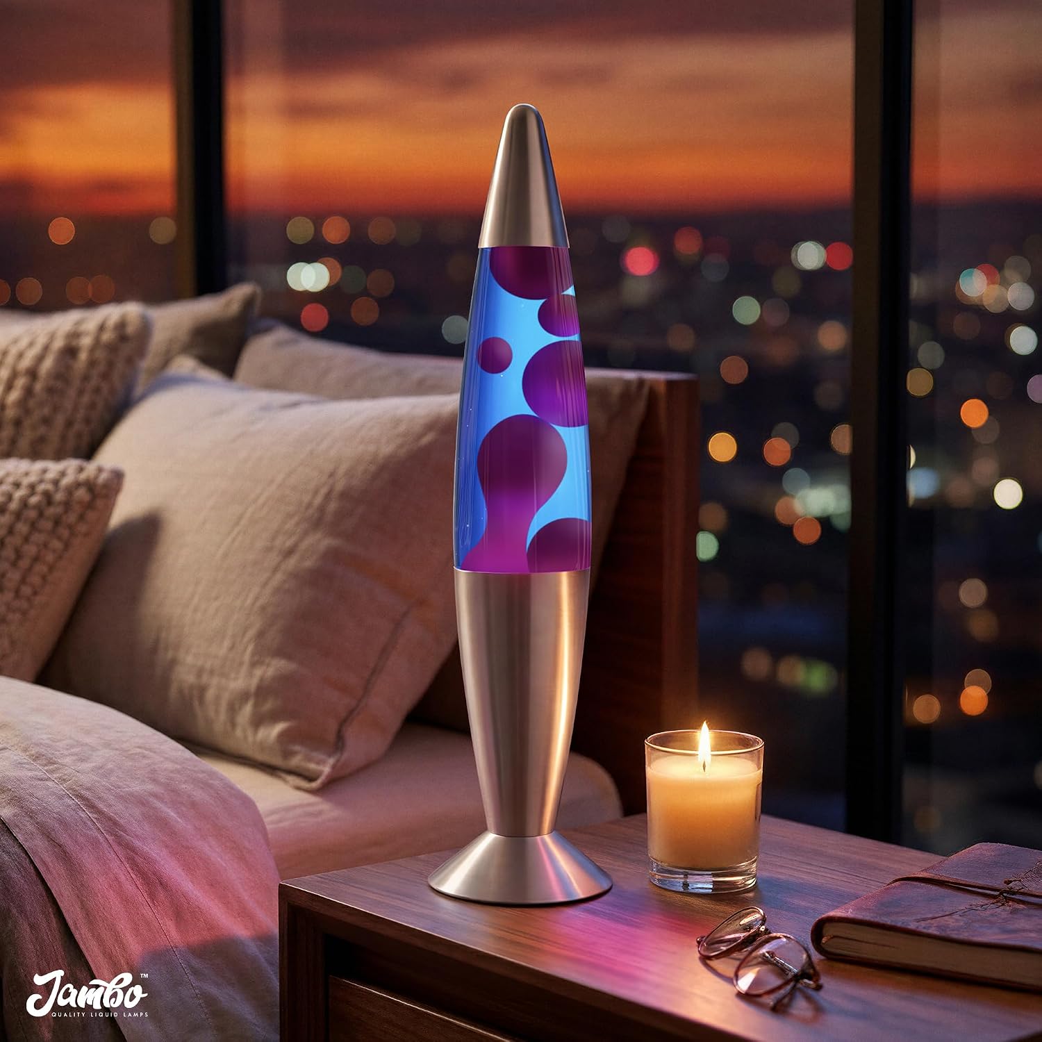 JAMBO 16" Beautiful Lamp- Purple with Yellow/Orange Wax, Relaxing Liquid Light, Night Light Nightlight