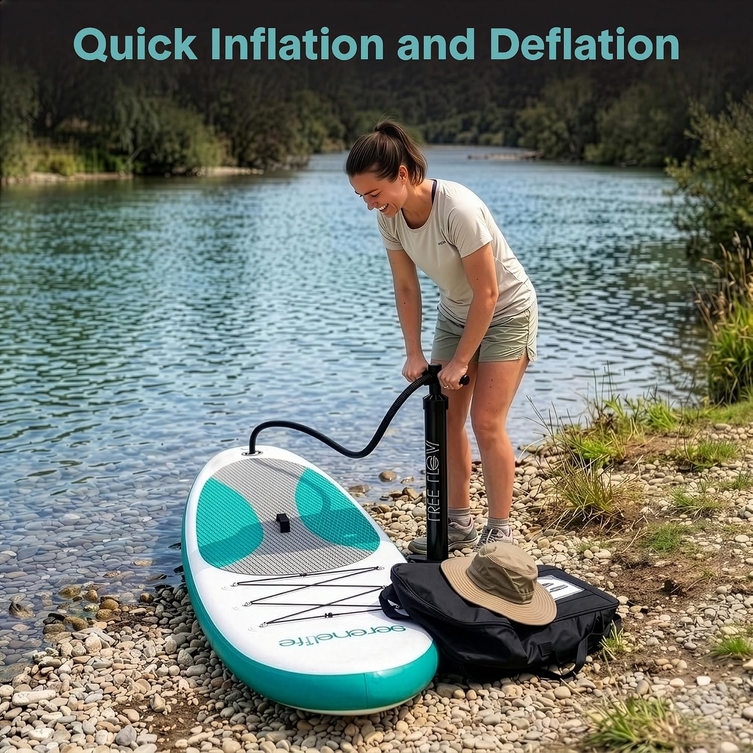 SereneLife 10’ Inflatable Stand Up Paddle Board with Premium SUP Accessories - Wide Stable Design with Non-Slip EVA Deck Pad, for Youth and Adults, 350 lbs. Capacity