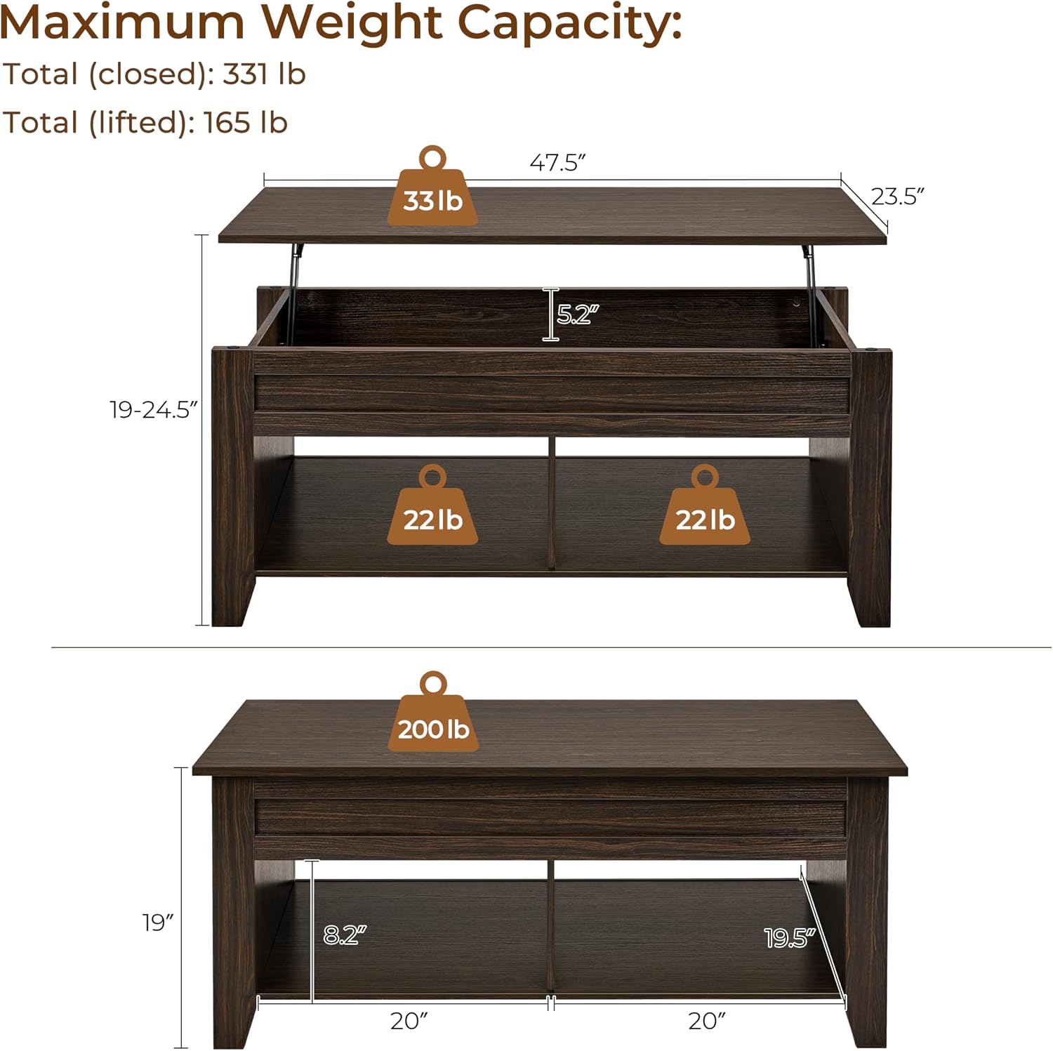Yaheetech Lift Top Coffee Table with Hidden Storage Compartment Gray 47.5in