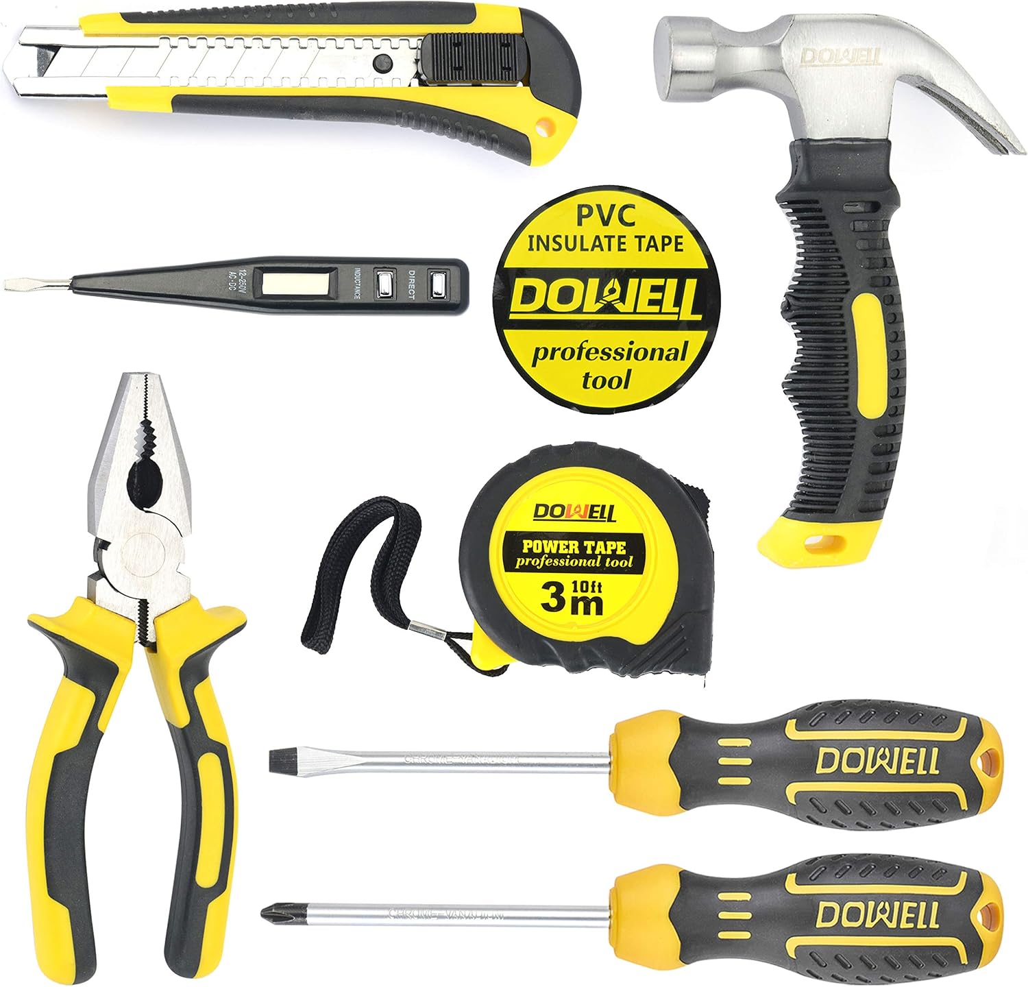 DOWELL Tool Kit, Hand Tool Set with Hammer, 9 Piece | mini tool kit, heat-treated chrome-plated steel, TPR ergonomic handles, blow-molded case, ultra-compact for storage