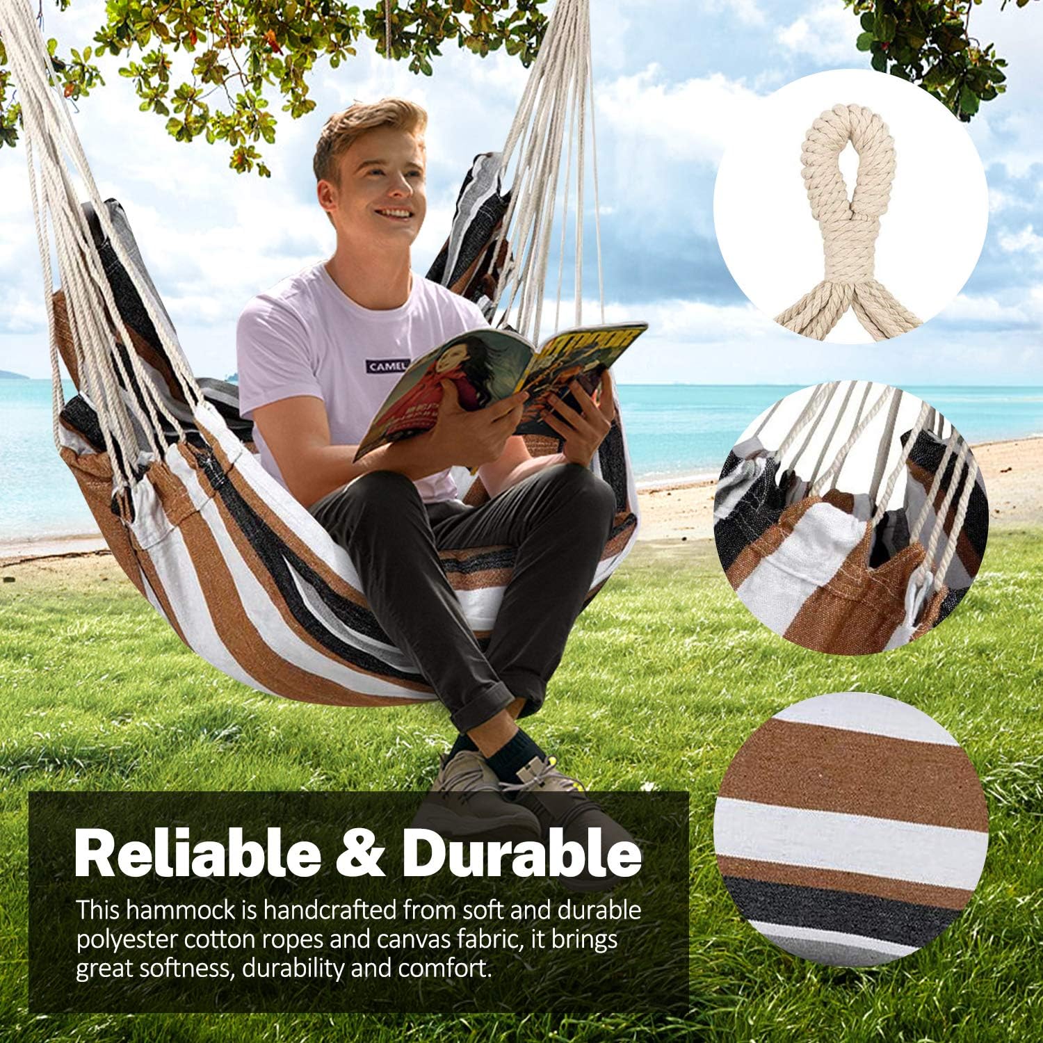 KPX Ourdoor Hanging Hammock Chair – Comfortable Tree Swing Chair Large Size 110X130cm（Without Pillows） - 330 Lbs Weight Capacity (Dark Gray)