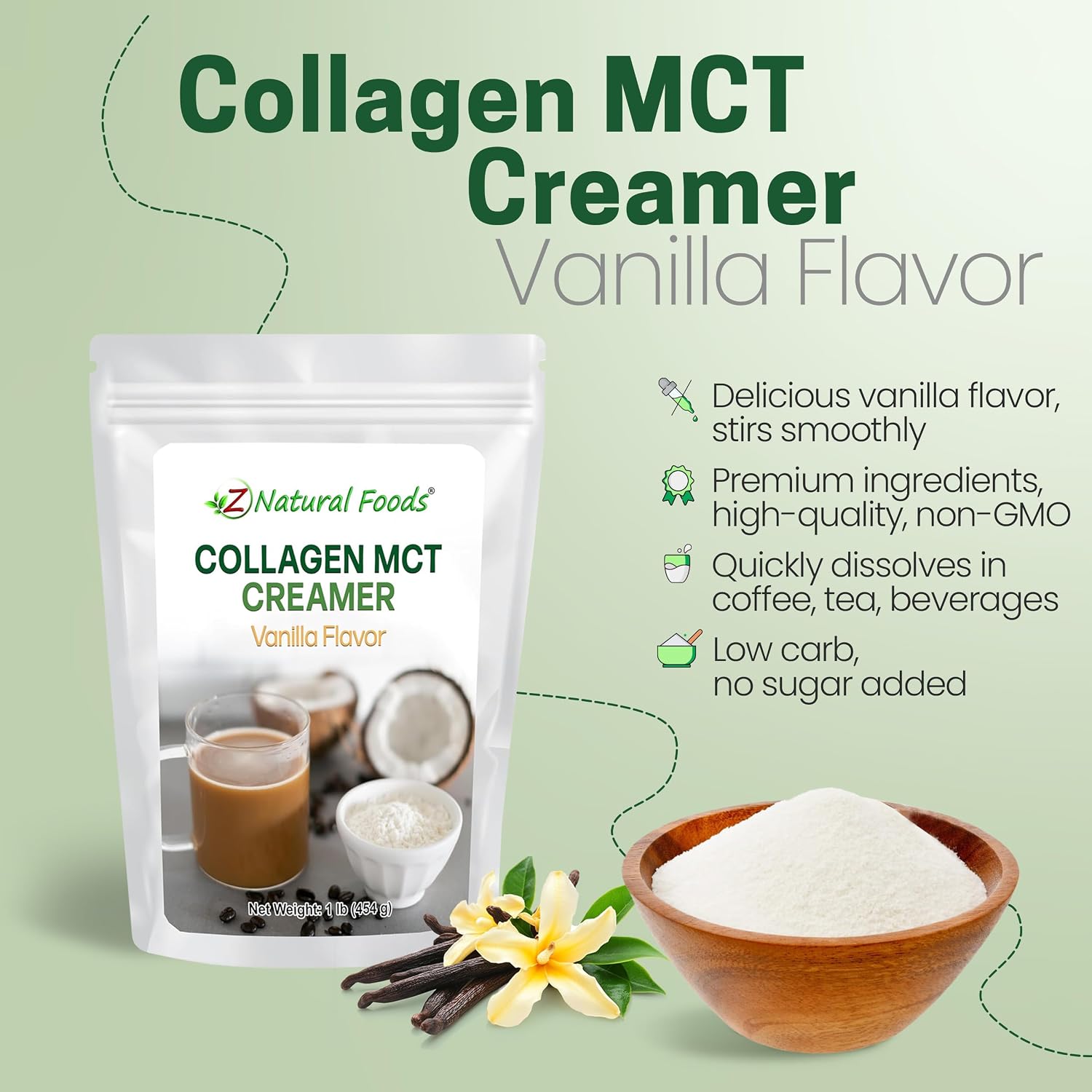 Z Natural Foods Collagen MCT Oil Creamer Powder- Vanilla, 16 oz (Pack of 1)