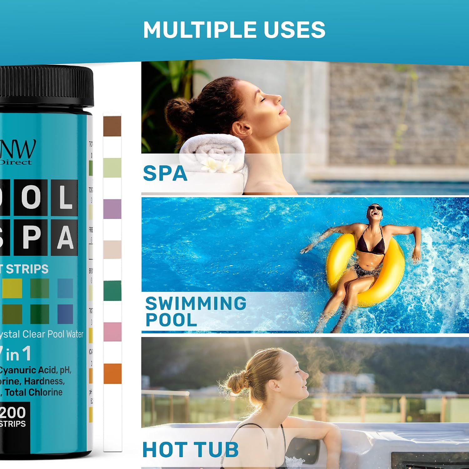 Pool Test Strips for Pools and Spas - 7 in 1 Water Test 100 Pack | Includes 100 pool test strips that measure chlorine, bromine, pH, alkalinity, hardness and cyanuric acid in 30 seconds.