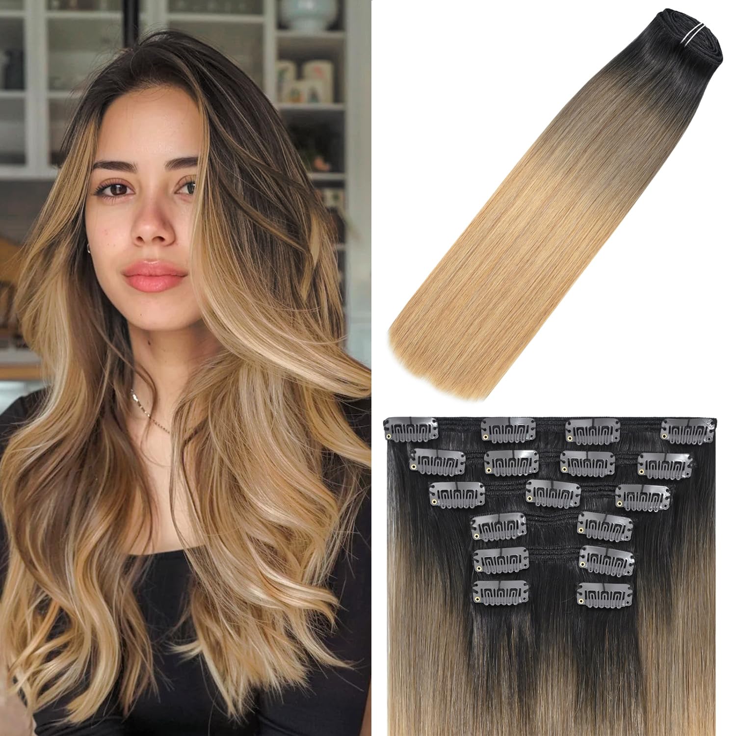 WindTouch Clip In Hair Extensions Human Hair Mixed Bleach Blonde 18Inch 75g Hair Extensions for Women Remy Blonde Extensions Clip in #18p613 7PCS