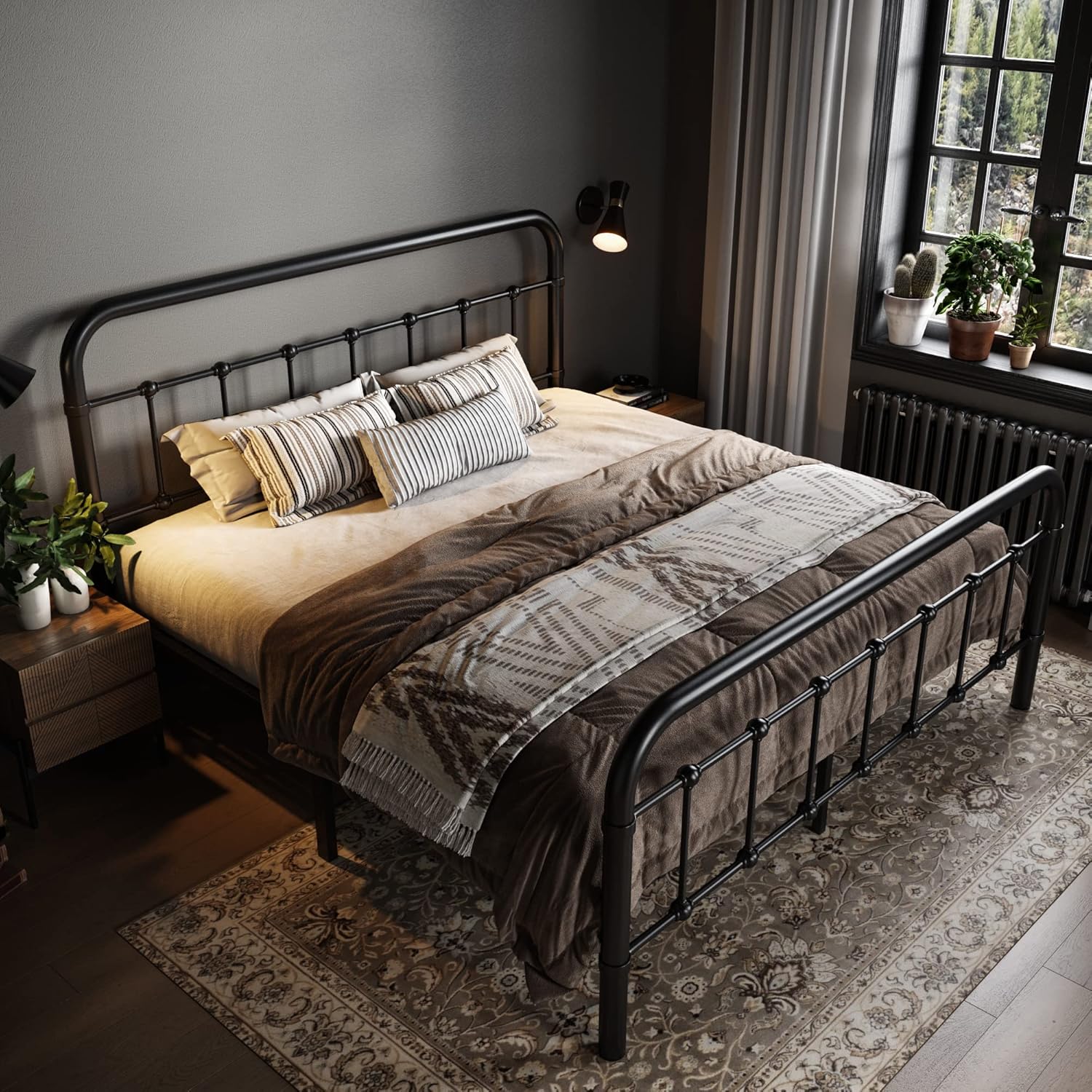 Allewie Queen Metal Bed Frame with Victorian Iron-Art Headboard, Black | Victorian Style Wrought Iron-Art Headboard/Footboard, Easy Assembly