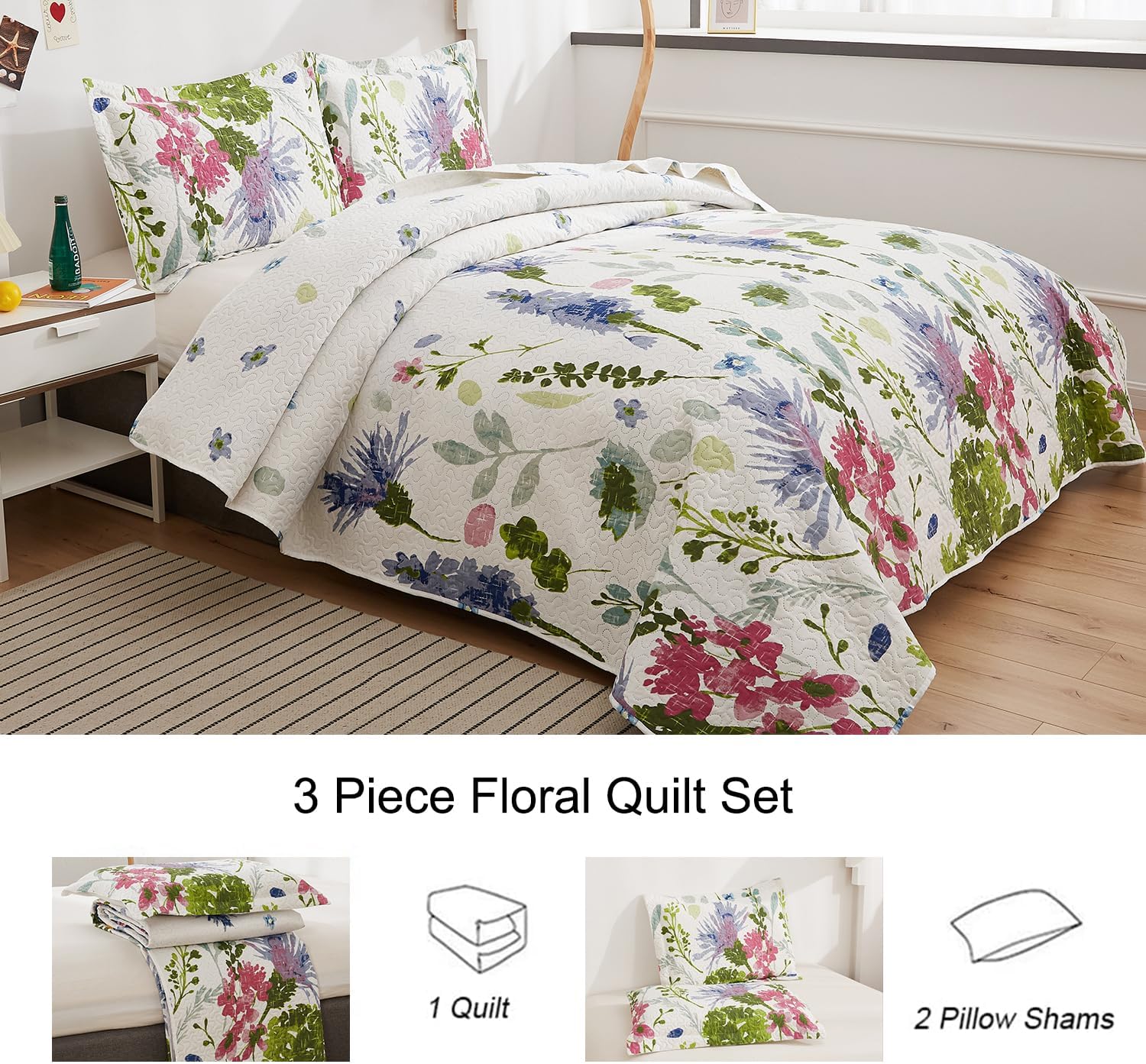 Ycosy Floral Quilt Set Full/Queen Size Reversible Flower Bedspread Queen Summer Lightweight Quilt Bedding Purple Floral Quilts Green Leaves Coverlet