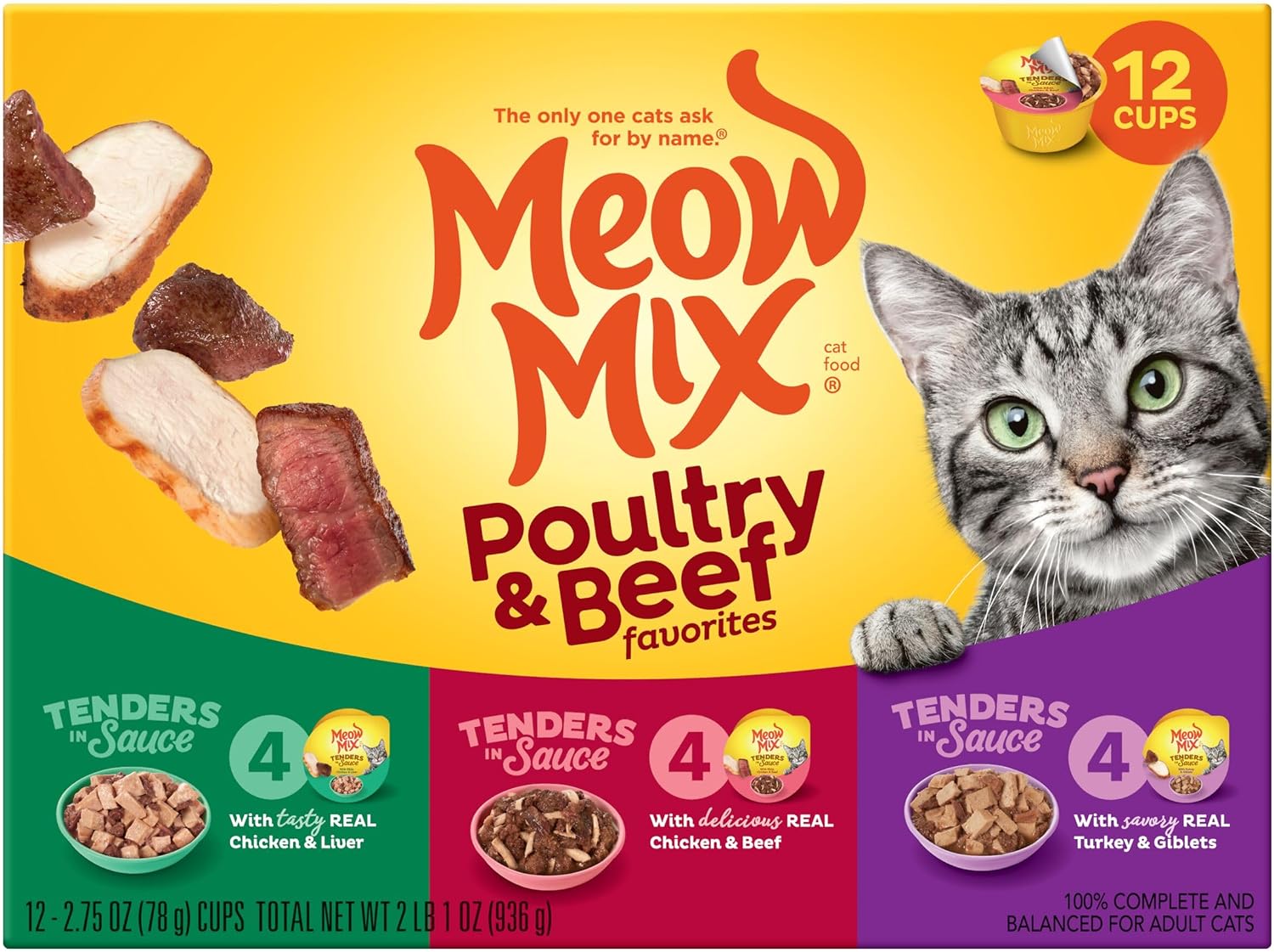 Meow Mix Tenders in Sauce, Wet Cat Food with Tuna & Whole Shrimp, 12 Cups