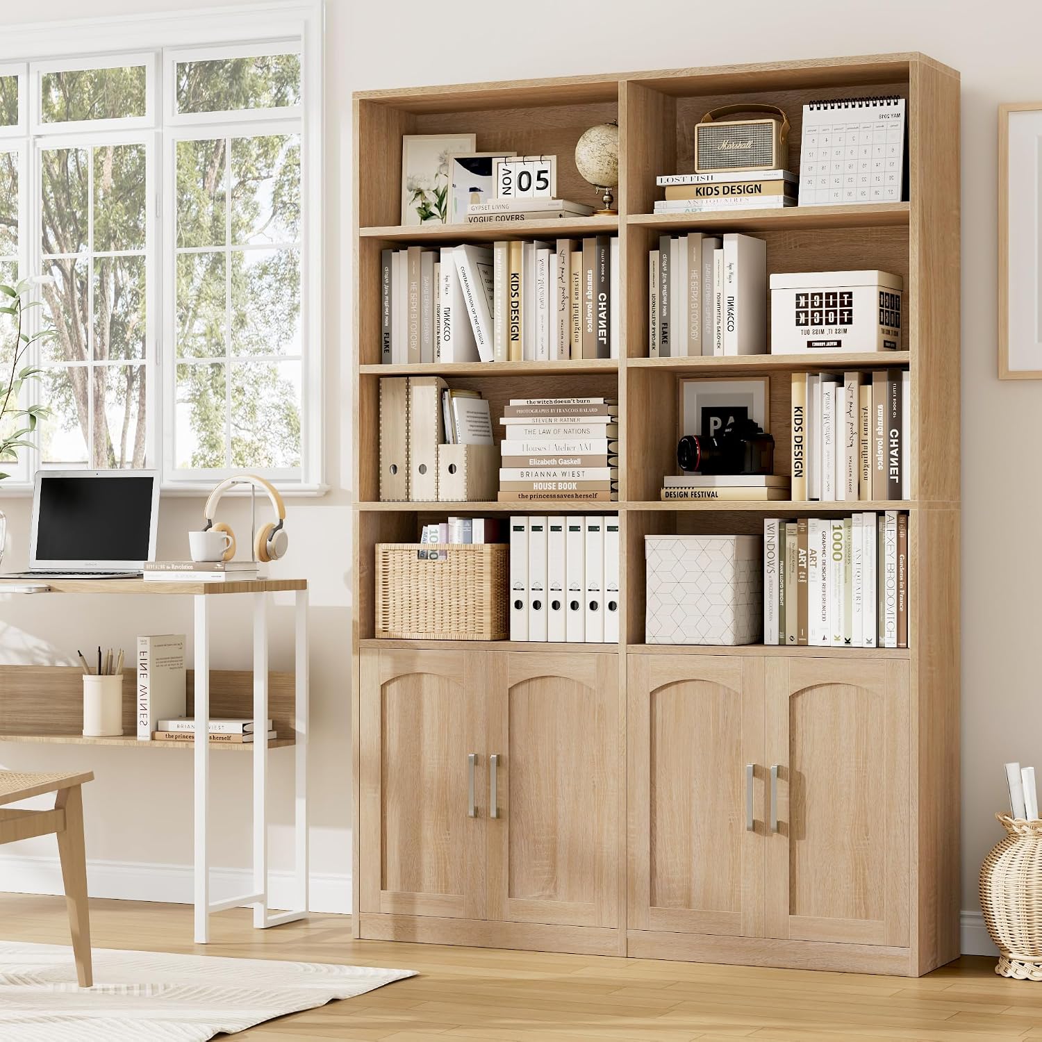 Bookshelf and Bookcase with Doors, Double Wide Large Bookshelves | Industrial Open Display Shelves 6 Tier, 73'' Tall Bookshelf with Storage Cabinets for Office,Home, Living Room, Library,White
