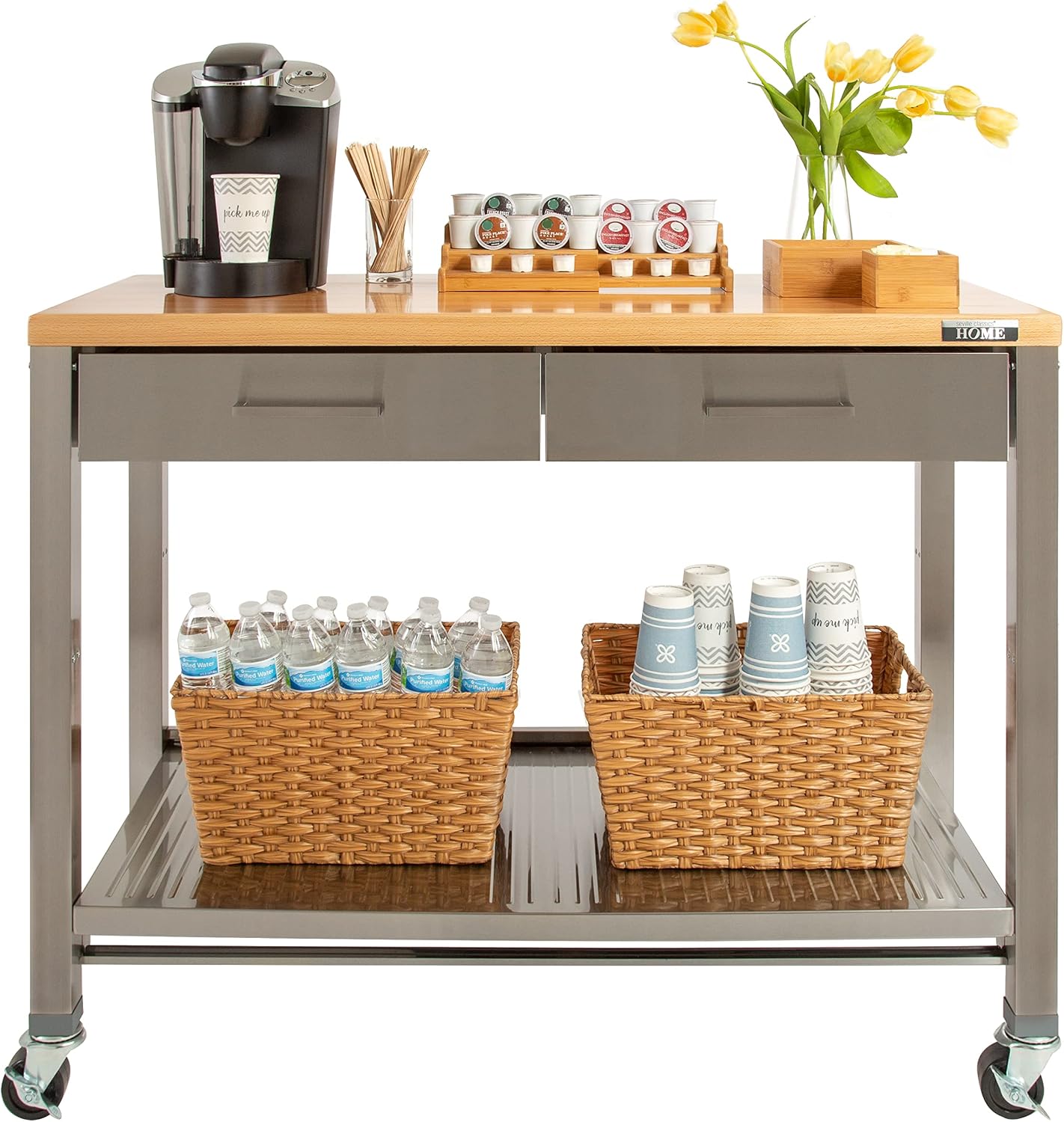 Stainless-Steel Commercial-Grade NSF-Certified Prep Table Cart, 24"W x 20"D | Heavy-duty durable utility workstation supports up to 450 lb w/ adjustable wire shelf and sliding basket on locking wheels