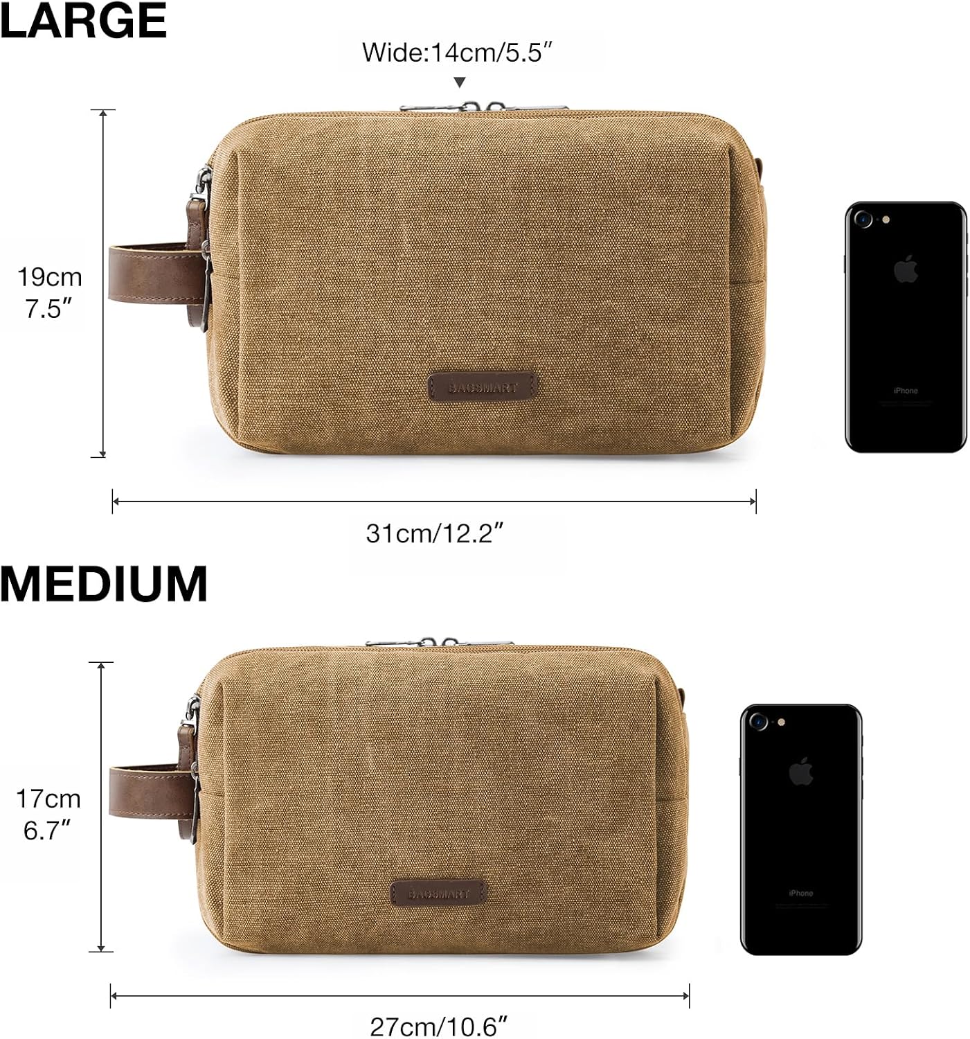 BAGSMART Toiletry Bag for Men, Canvas Travel Toiletry Organizer Dopp Kit Water-resistant Shaving Bag for Toiletries Accessories,Grey-Medium