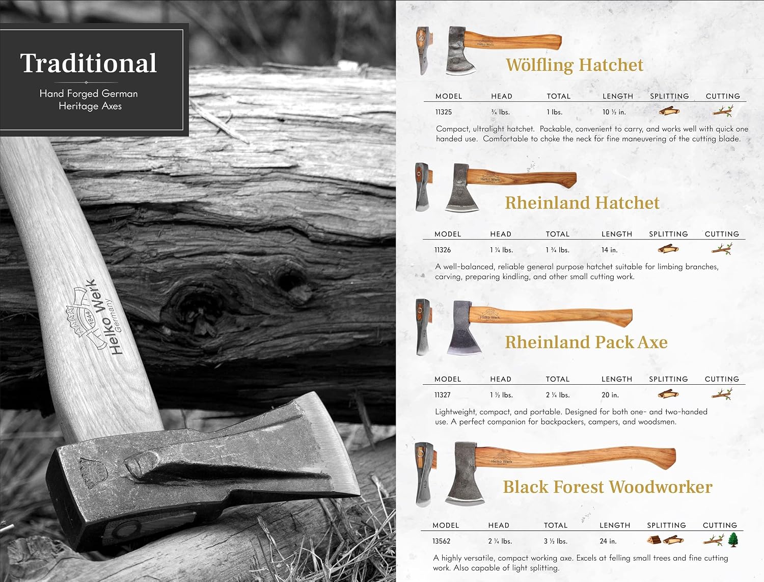 1844 Helko Werk Germany Traditional Hessen Woodworker Felling Axe (13563) | Made in Germany Hand Forged Felling Axe and Cutting Forest Axe for Felling Trees Head 2-3/4 lbs, Handle 28 inches