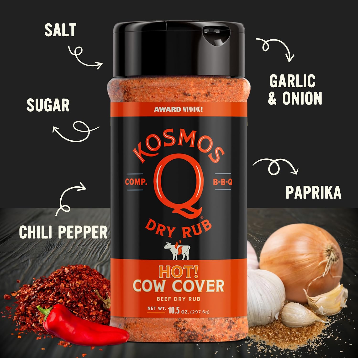 Kosmos Q Hot Dirty Bird BBQ Dry Rub, Spicy Seasoning with Chili Pepper, Brown Sugar, Garlic & Onion for Chicken, Turkey, Ribs, Pork, Dry Rub for Smoking & Grilling Meat, BBQ Spice Blend, 11 Oz Bag