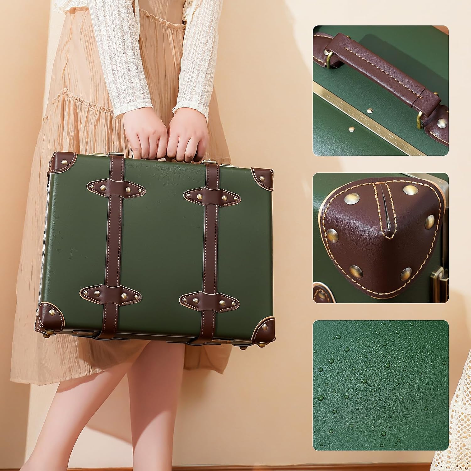 urecity Vintage and Cute Carry-on Overnight Case Non-wheeled Mini Leather Trunk Suitcase with Shoulder Strap