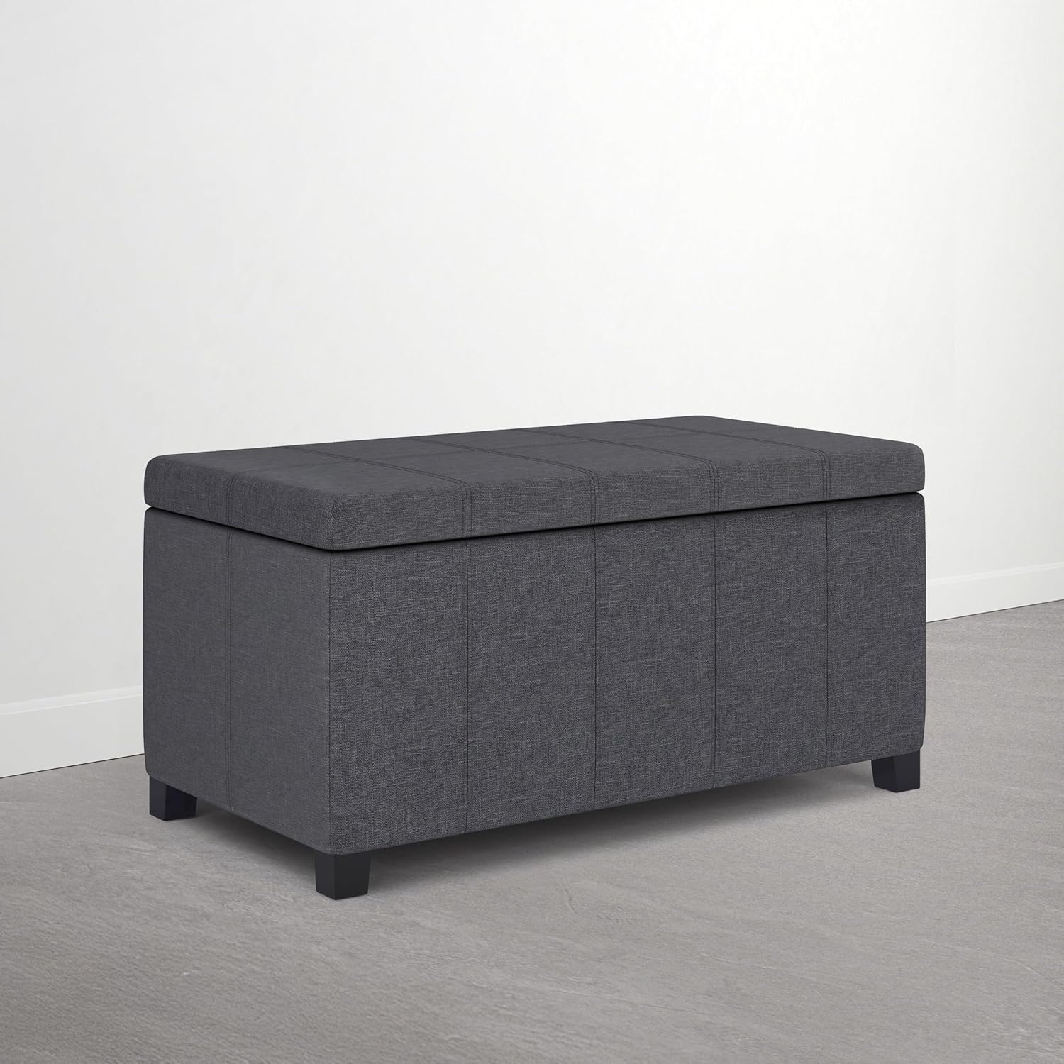 SIMPLIHOME Dover 36" Wide Vegan Leather Storage Ottoman in Midnight Black | Distressed umber brown, contemporary ottoman with lift-top and safety hinges; rectangle storage bench for living room.
