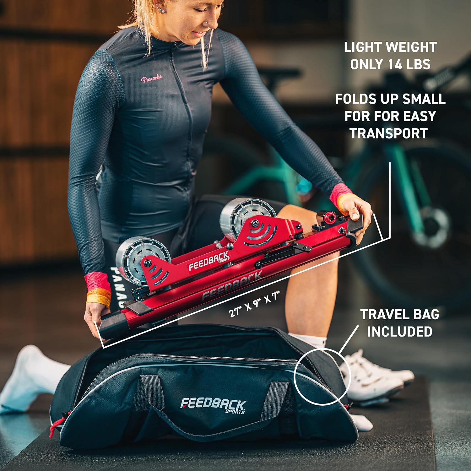 FEEDBACK SPORTS | Omnium Lightweight and Portable Bike Trainer | for 16” to 29” Wheels | Travel Bag Included