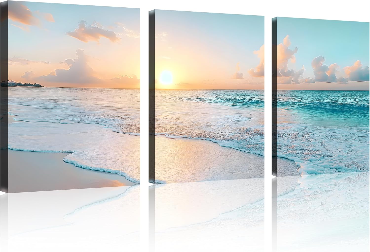 TutuBeer 3 Panel Beach Canvas Wall Art for Home Decor Blue Sea Sunset White Beach Painting the Picture Print on Canvas Seascape the Pictures for Home Decor Decoration,Ready to Hang