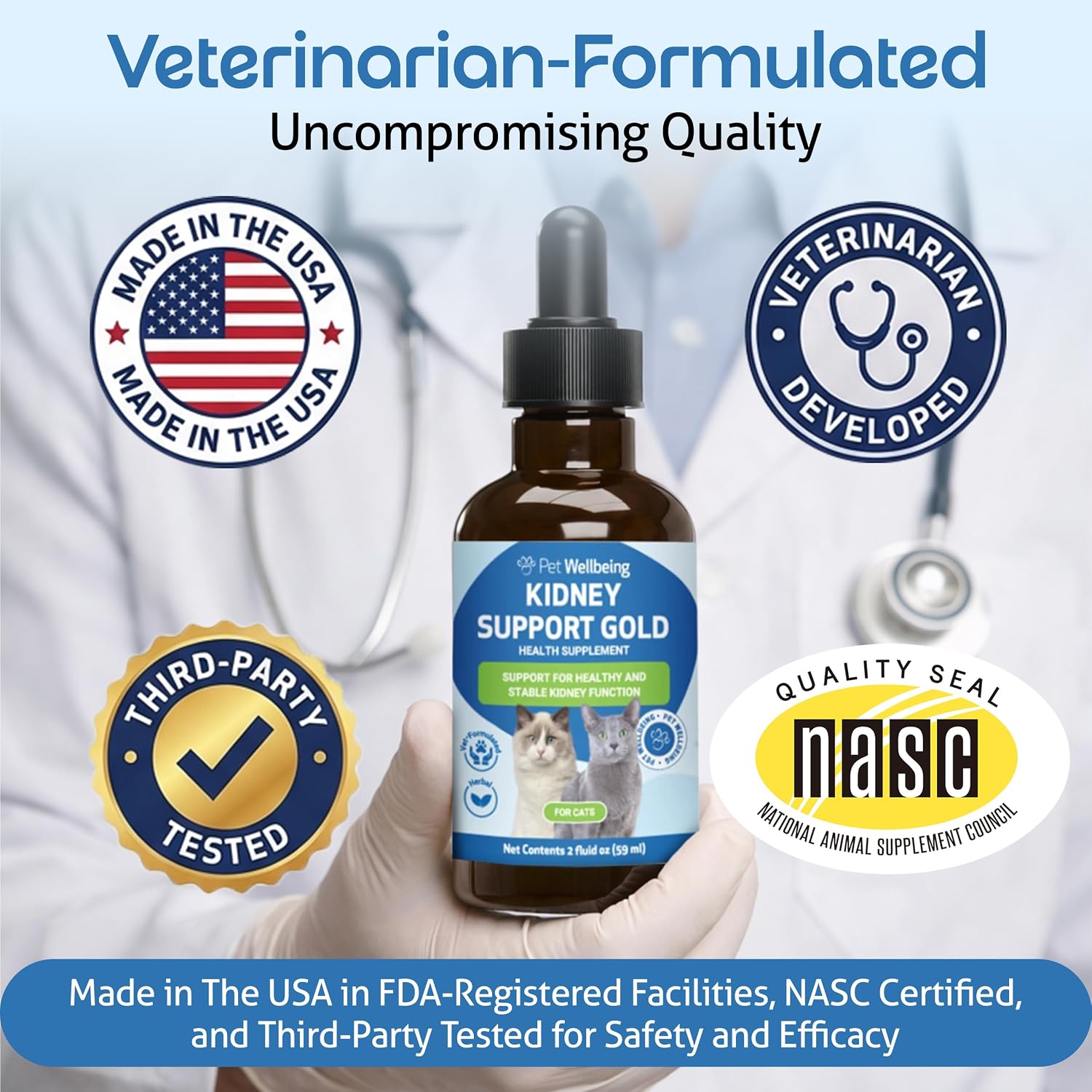 Pet Wellbeing Kidney Support Gold for Cats - Supports Normal Kidney Function & Detox, Healthy Hydration & Energy with Rehmannia & Dong Quai - NASC Certified & Vet-Formulated - 2oz Liquid Formula | NASC Certified & Vet-Formulated Liquid Kidney Support Sup…