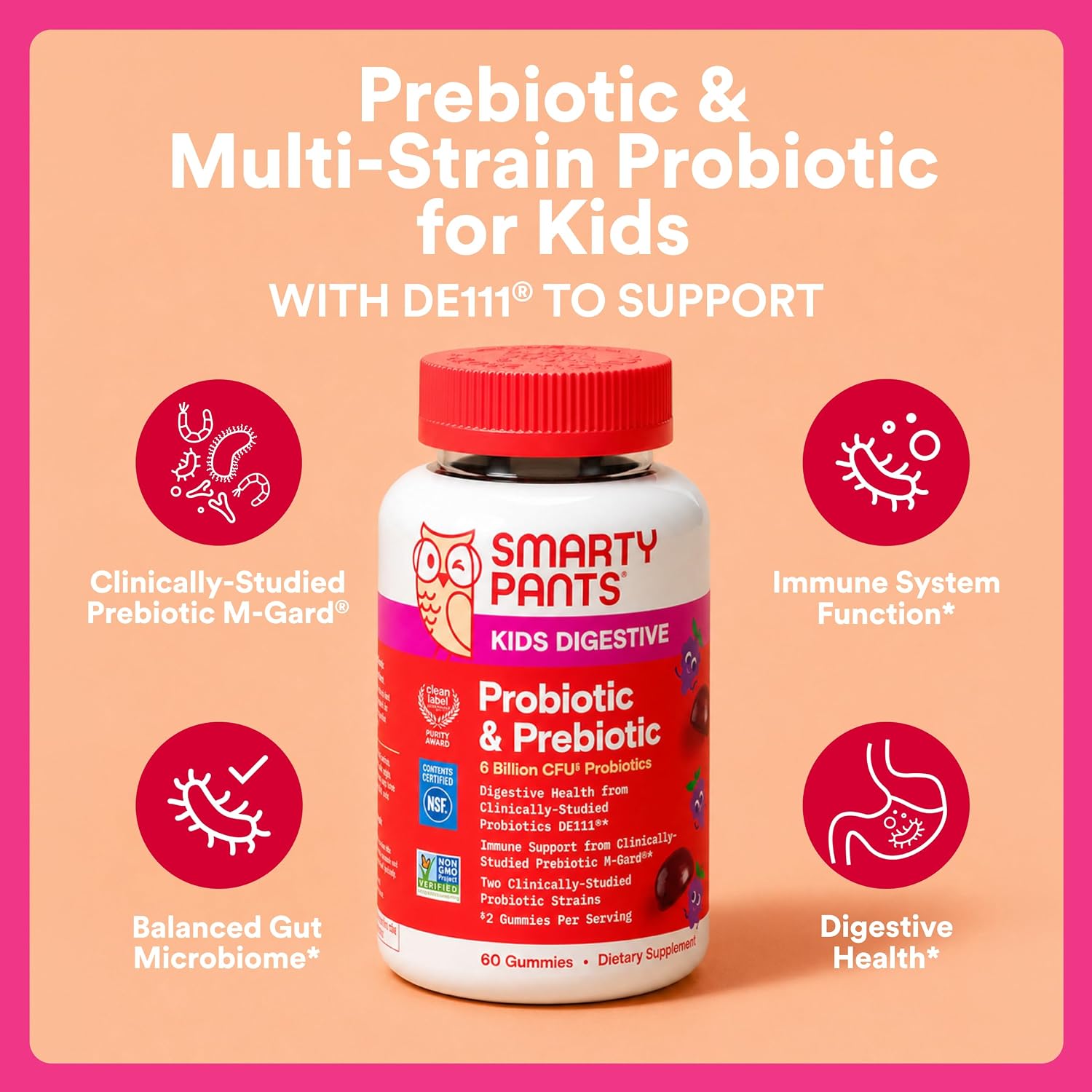 SmartyPants Kids Probiotic & Prebiotic Gummies for Digestive Health: Gut Health Supplement, Clinically Studied Prebiotic for Immune Support, Strawberry, 60 Count (30 Day Supply)