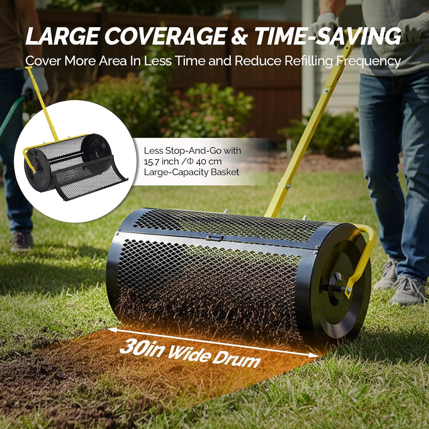 VINGLI Compost Spreader, 24 inch Peat Moss Spreader with Height Adjustable Handle, T Shaped Handle Peat Moss Roller, Seed Spreader for Lawn Backyard Outdoor (24"-Black & Yellow)
