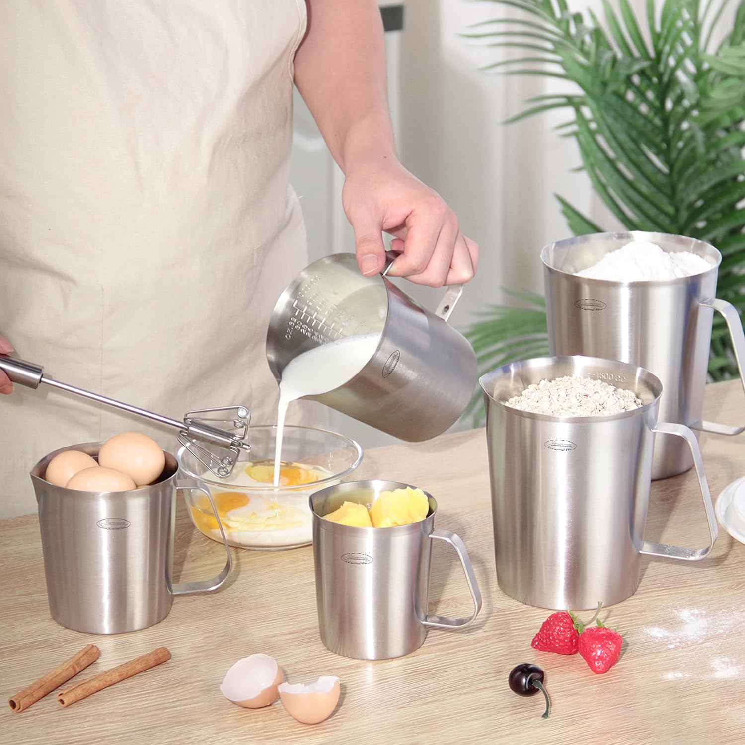 Newness Stainless Steel Measuring Cup, Metal Measuring Cup with Handle (Upgraded, 3 Marking Including Cup/ML/Ounce Scale), 16 Ounces (0.5 Liter, 2 Cup)