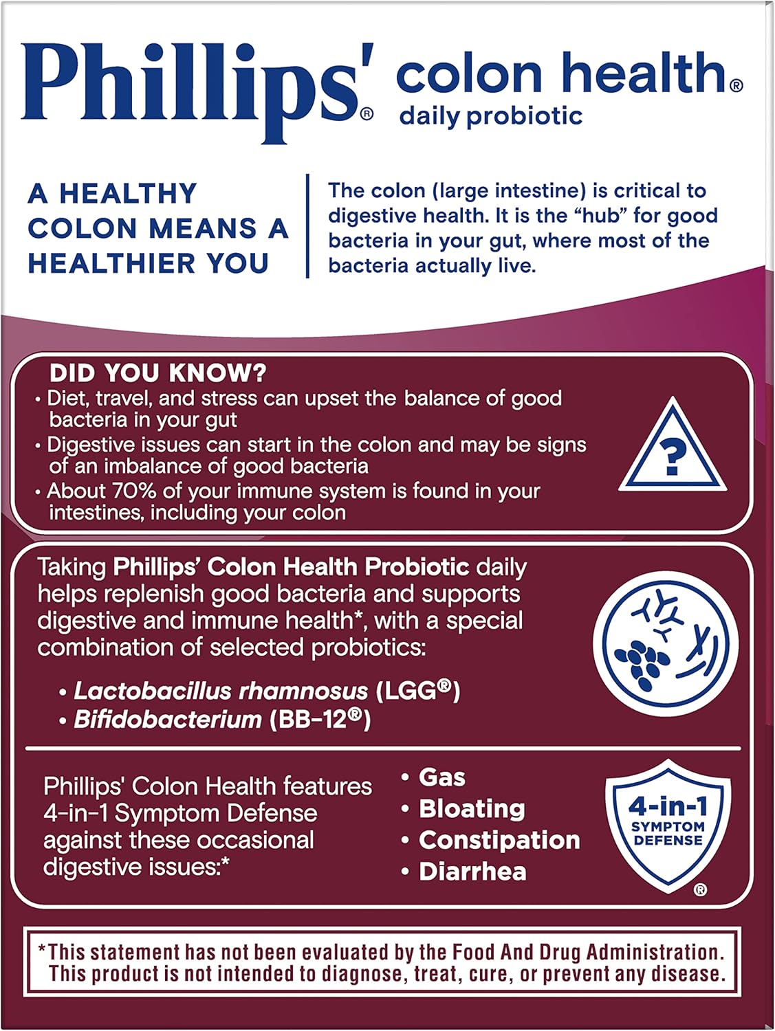 Phillips' Colon Health Daily Probiotic Capsules, 4-in-1 Symptom Defense to help defend against Occasional Gas, Bloating, Constipation, and Diarrhea, Daily Supplement, 30 Count