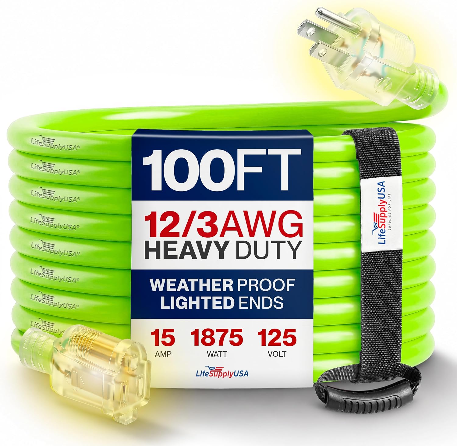 25ft Outdoor/Indoor Extension Cord 12/3 Gauge Extra Heavy Duty 3 Prong SJTW, Waterproof, Flexible Cold-Resistant Long Power Cord,15A 125V 1875W, Yellow by LifeSupplyUSA