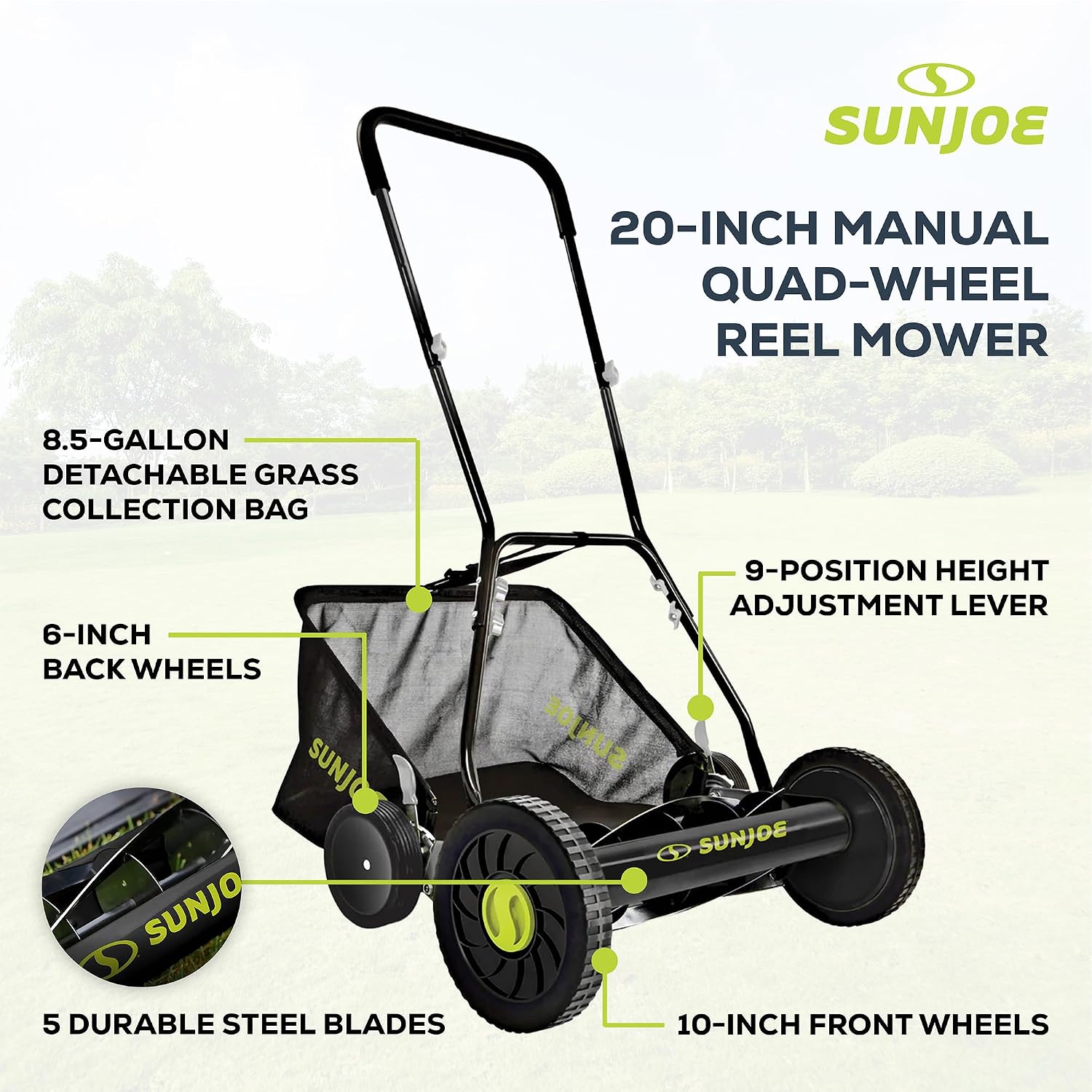 Sun Joe Manual Push Reel Lawn Mower with 6.6-Gal Grass Catcher, 16-Inch Cutting Width - Heavy-Duty Yard Trimmer Machine for Gardening Care and Maintenance, MJ500M