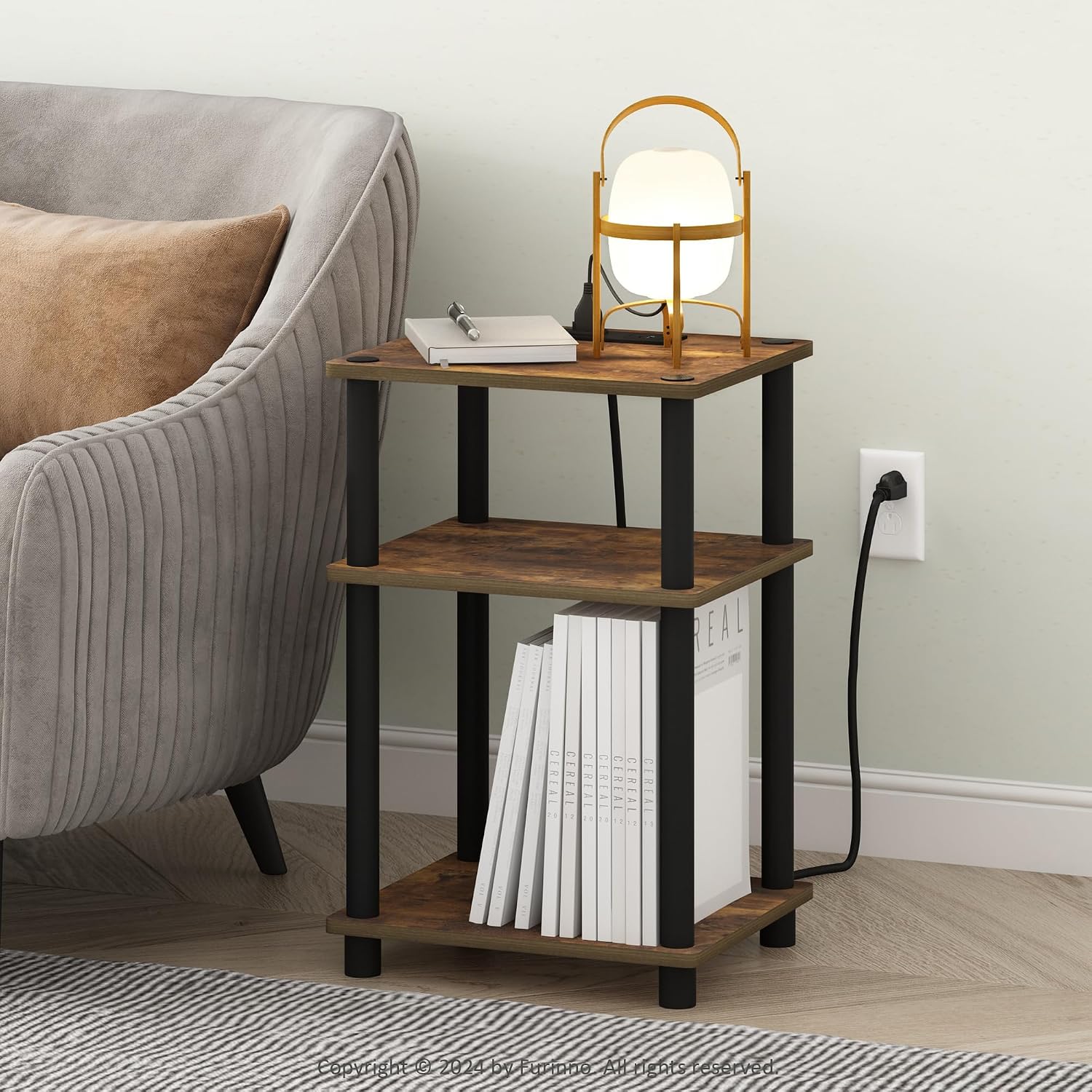 Furinno Turn-N-Tube End Table Corner Shelves, Set of 2, Dark Cherry/Black | Stackable Modern End Table with Open Shelf, Night Stand, Bedside Table, for Living Room, Bedroom