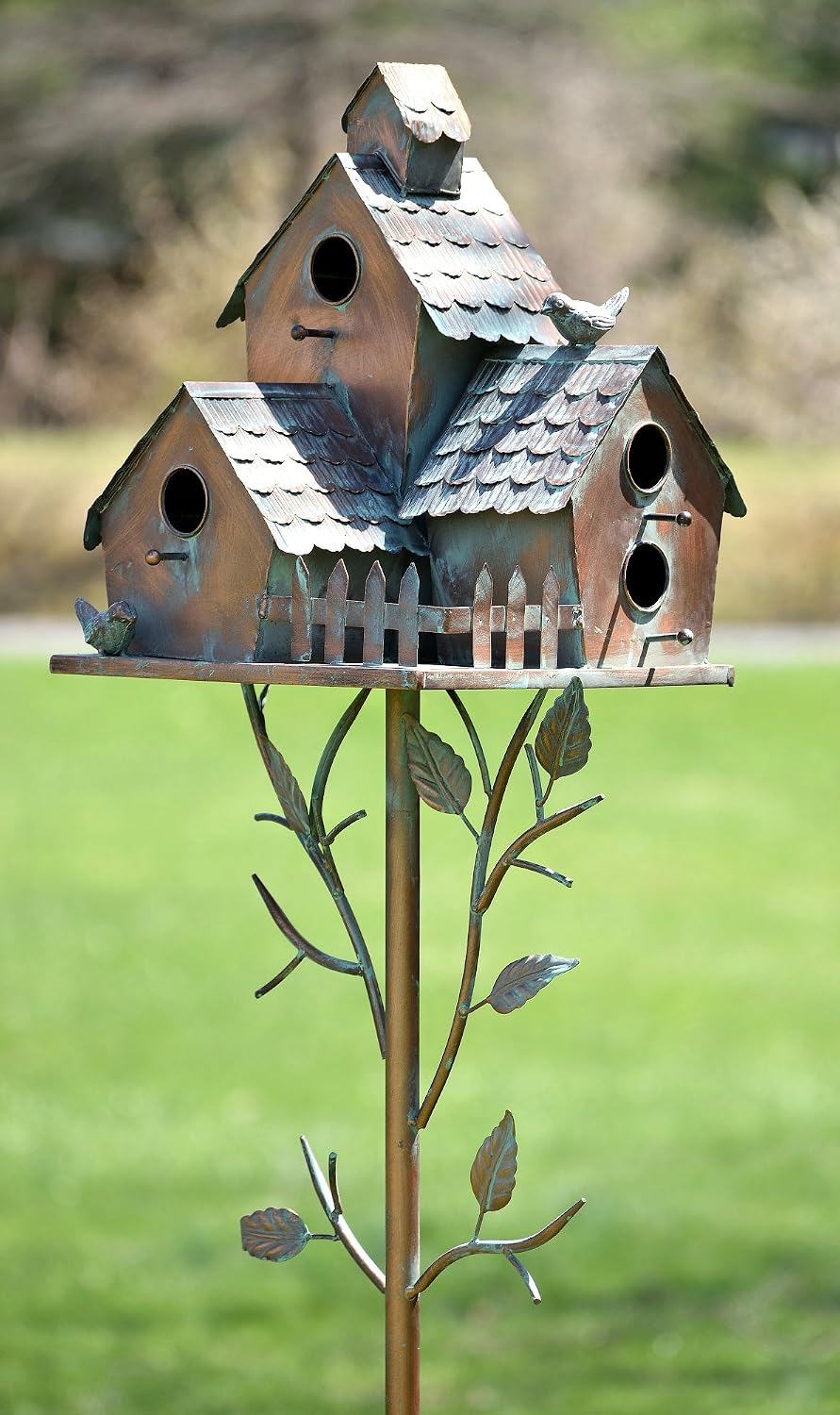Large Copper Colored Multi-Birdhouse Stakes, Room for 4 Bird Families in Each (Cube Homes with Pyramid Roofs)