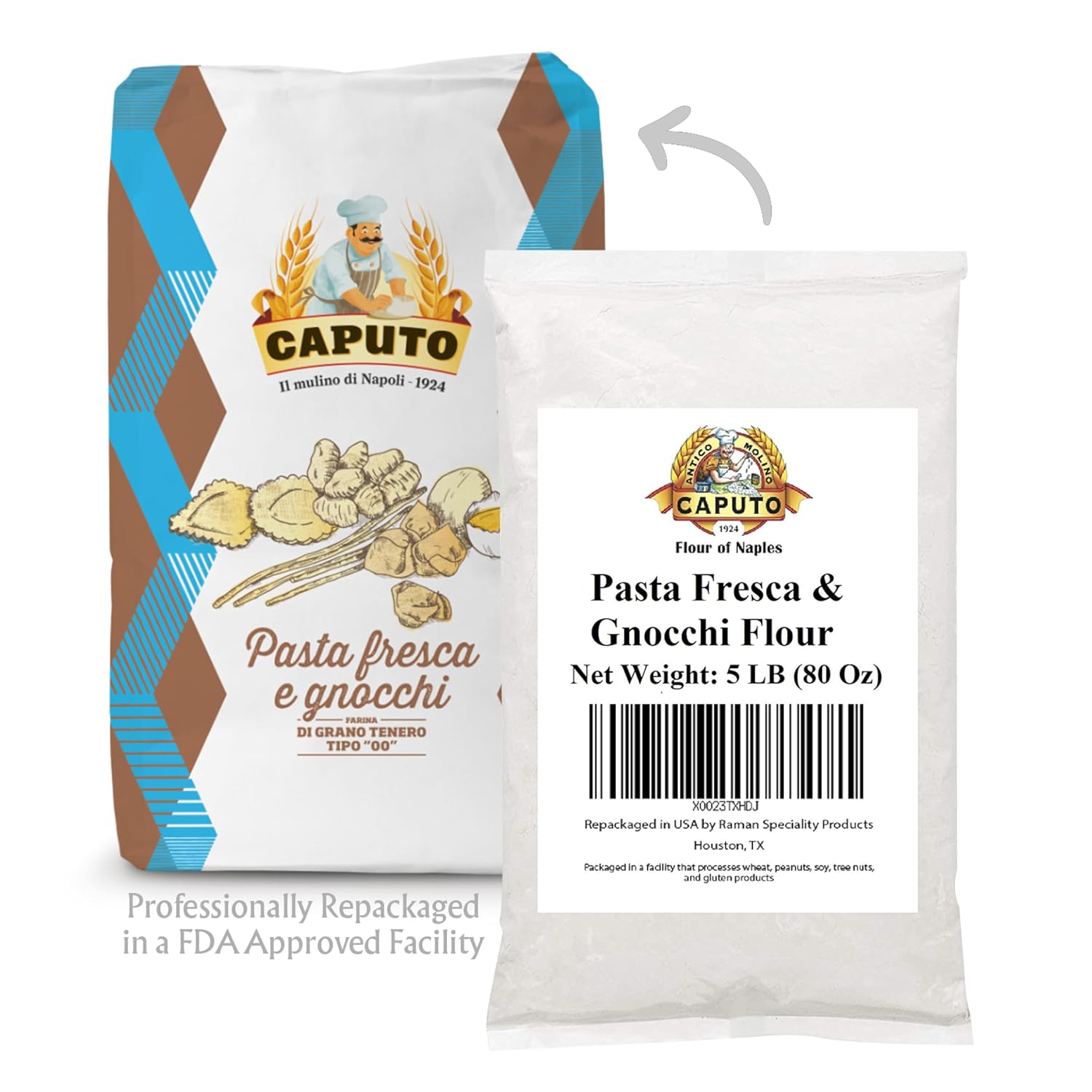 00 Antimo Caputo Pasta & Gnocchi Flour 5 Lb Repack- Italian Double Zero Grain Type - Extracted Wheat Blend - All Natural for Pasta Fresca Dough (5LB