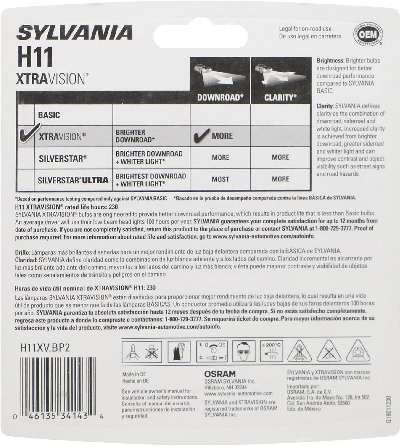 SYLVANIA - H11 XtraVision - High Performance Halogen Headlight Bulb, High Beam, Low Beam and Fog Replacement Bulb (Contains 2 Bulbs)
