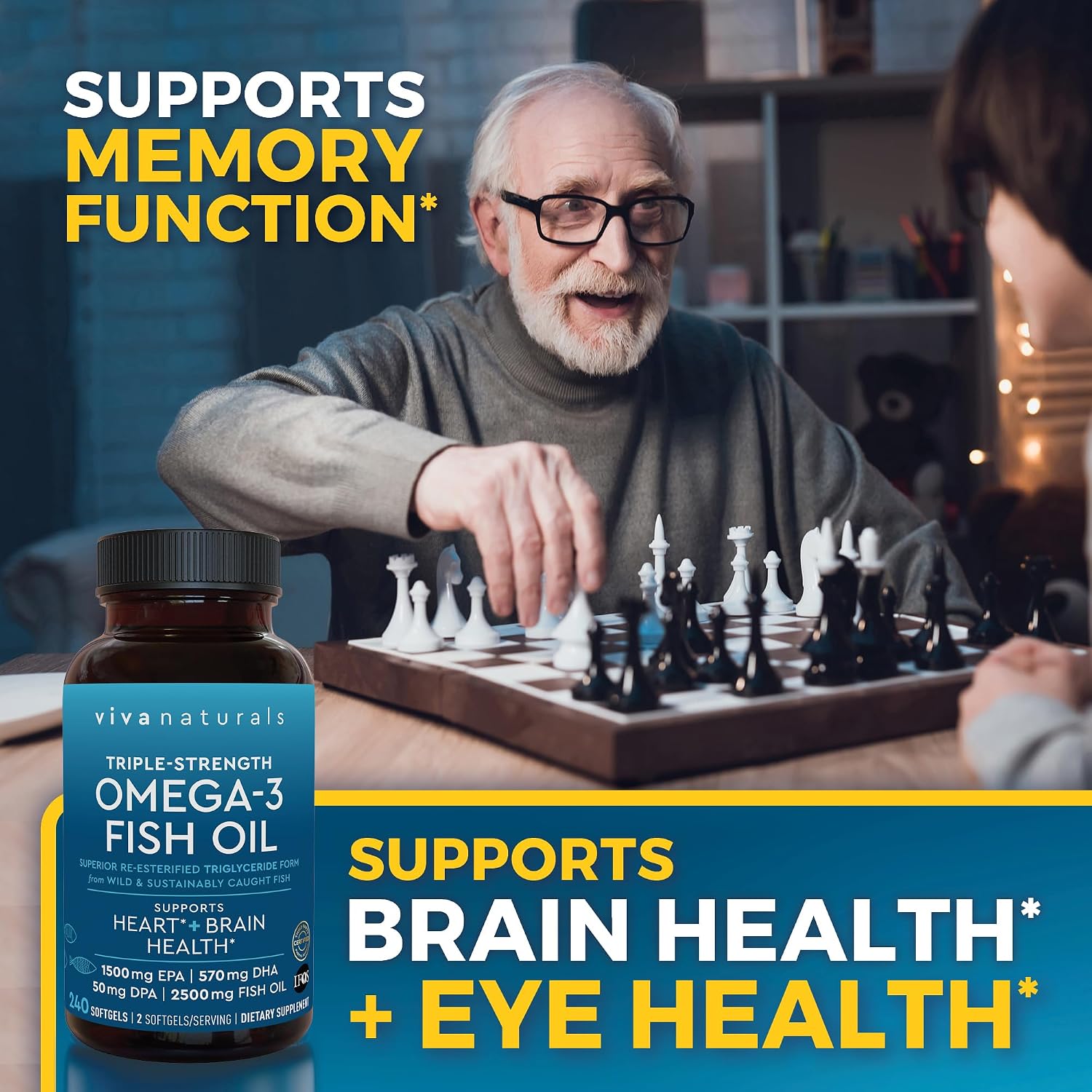 Viva Naturals Triple Strength Omega 3 Fish Oil Pills – 2500 mg High-Potency Formula with 2250 mg Omega 3 Fatty Acids (Including EPA, DHA, DPA) in rTG Form for Absorption – IFOS Certified, 90 Softgels