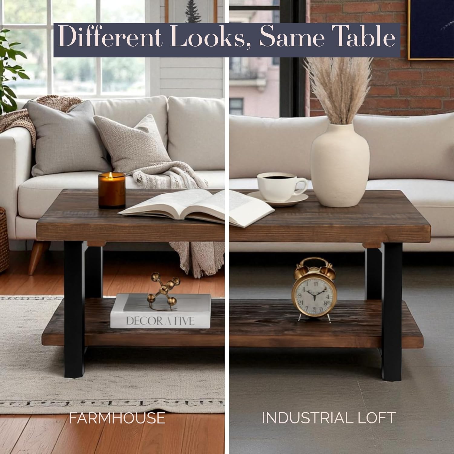 Alaterre Furniture Pomona Solid Wood 2-Tier End Table, Rustic Brown, 27” | Nightstand with Storage Shelf and Metal Legs, Industrial Farmhouse Chair Side Table for Living Room or Bedroom