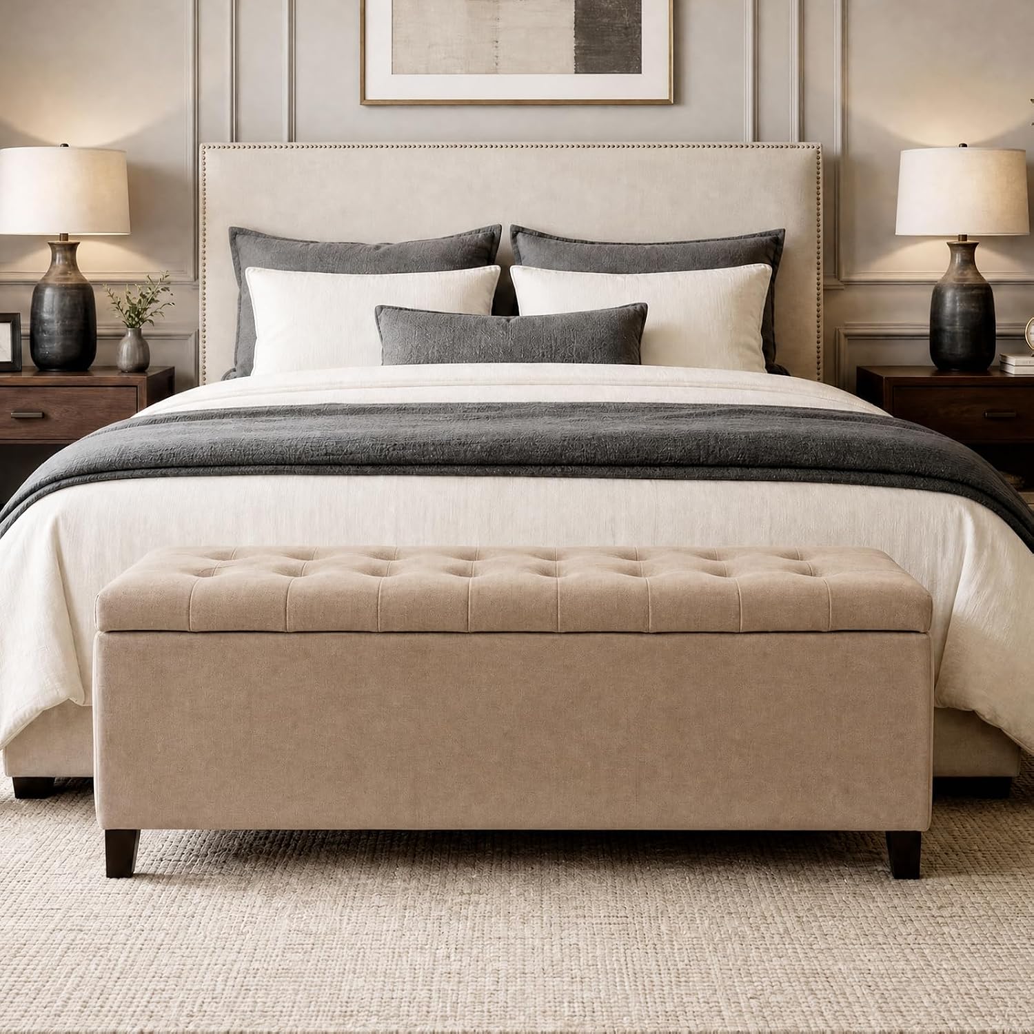 Madison Park 49" Upholstered Storage Bench, Button Tufted End of Bed Bench with Storage, Dual Spring Soft-Close Lid, Bedroom Bench for Queen King Bed, Entryway Living Room, Grey