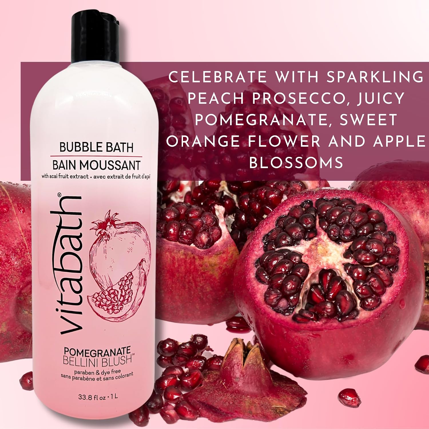 Vitabath Pomegranate Bellini Blush Bubble Bath Rich Foaming Bubbly Soak & Relaxing Aromatherapy Moisturizing & Nourishing Indulgent Suds for Women &