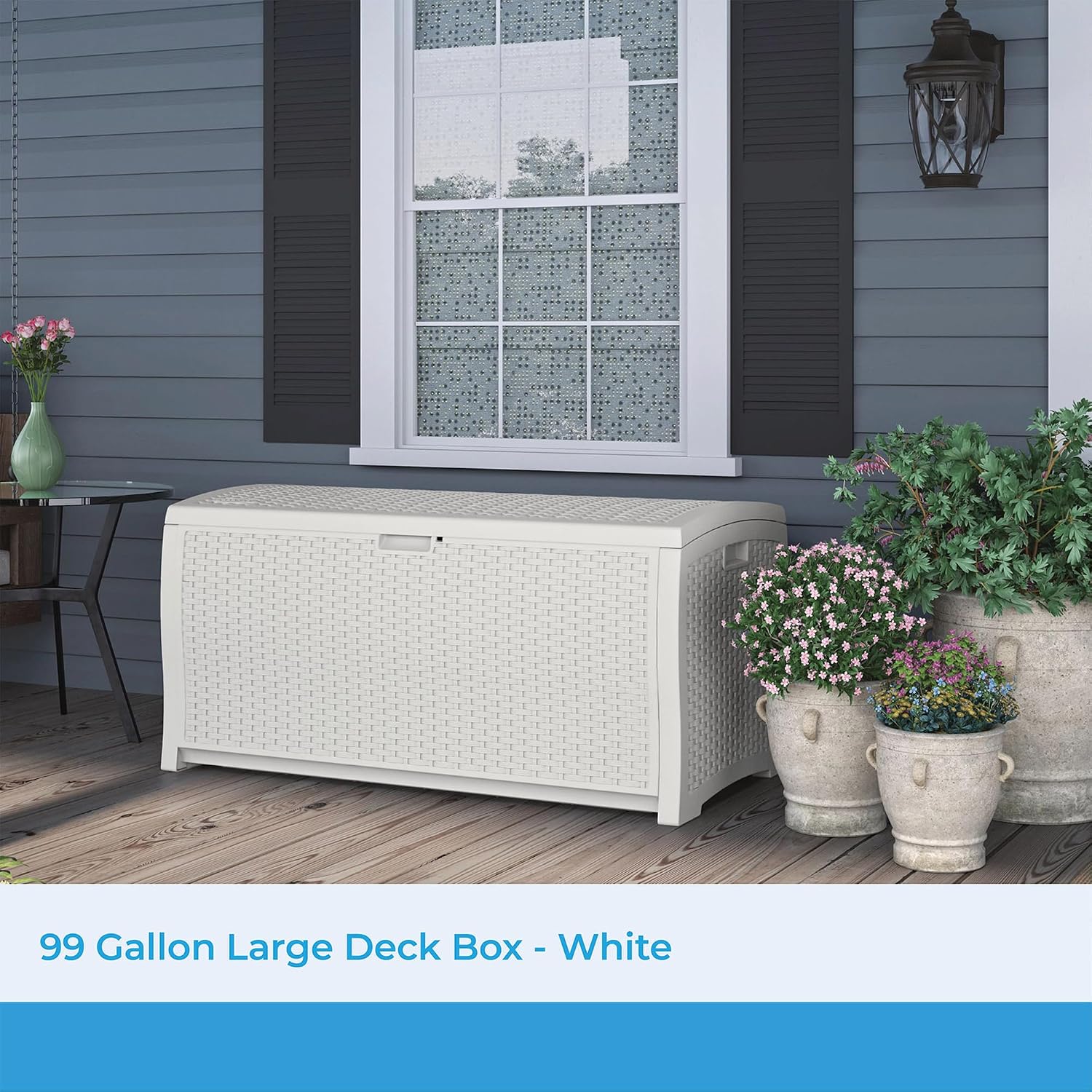 Suncast 99 Gal Wicker Resin Deck Box, Storage Chest Bin with Handles, Java