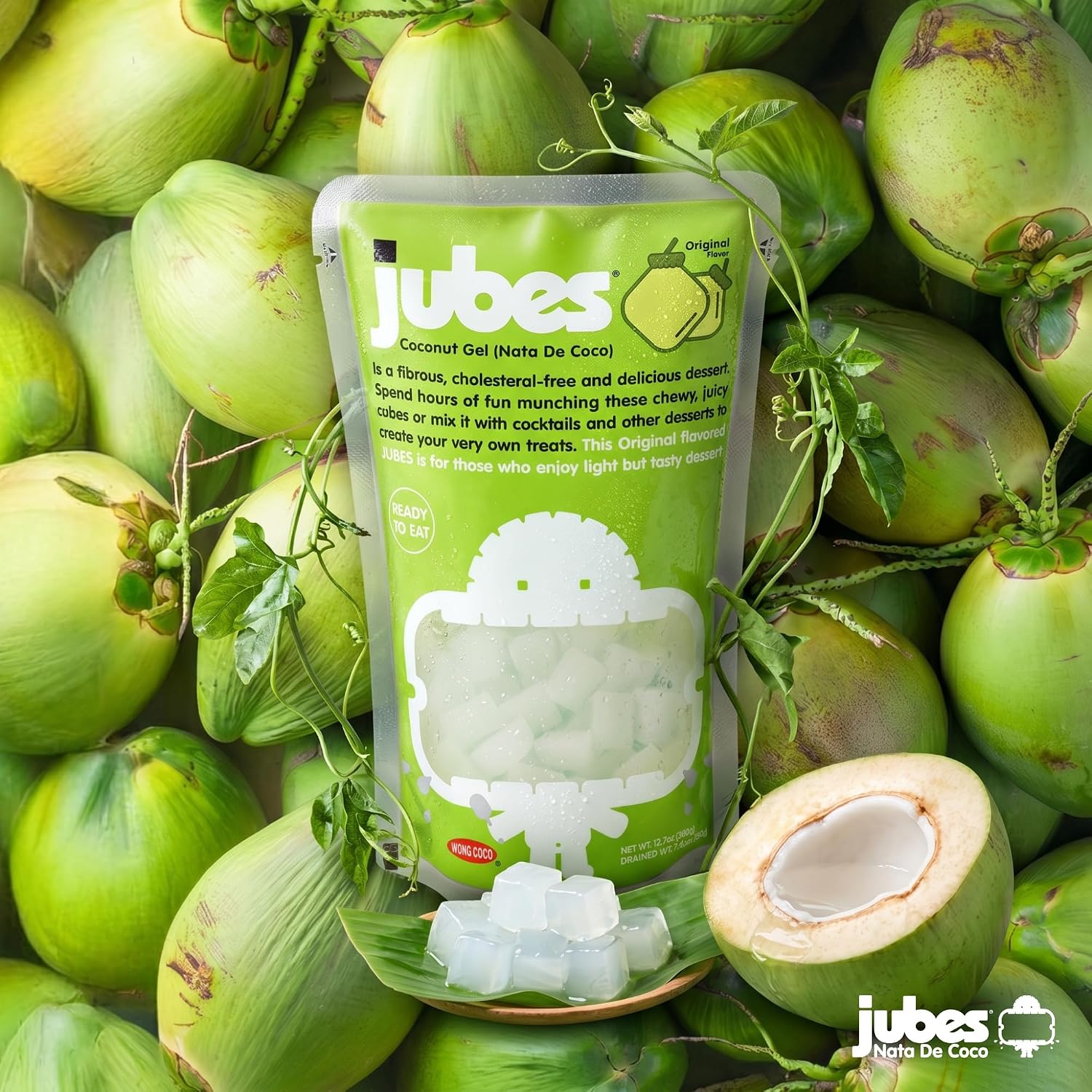 Jubes Pandan Nata De Coco Jelly Cubes (12.7 oz, Pack of 3) - Pandan Coconut Jelly Cubes for Sago - Coconut Gel in Syrup Toppings for Fruit Tea, Boba, Bubble Tea, Drinks, Desserts Yogurt, Ice Cream, Beverage